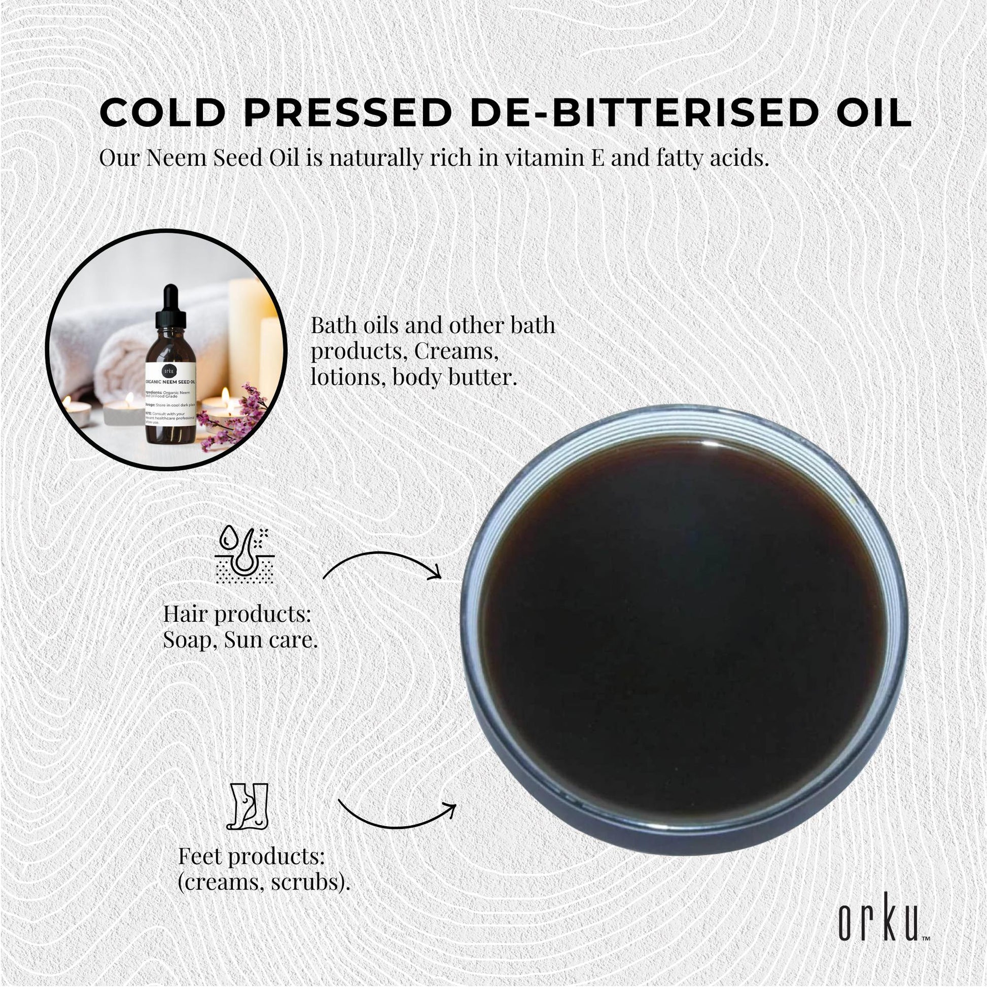 Orku cold pressed de-bitterised oil with product uses and branding on a textured background