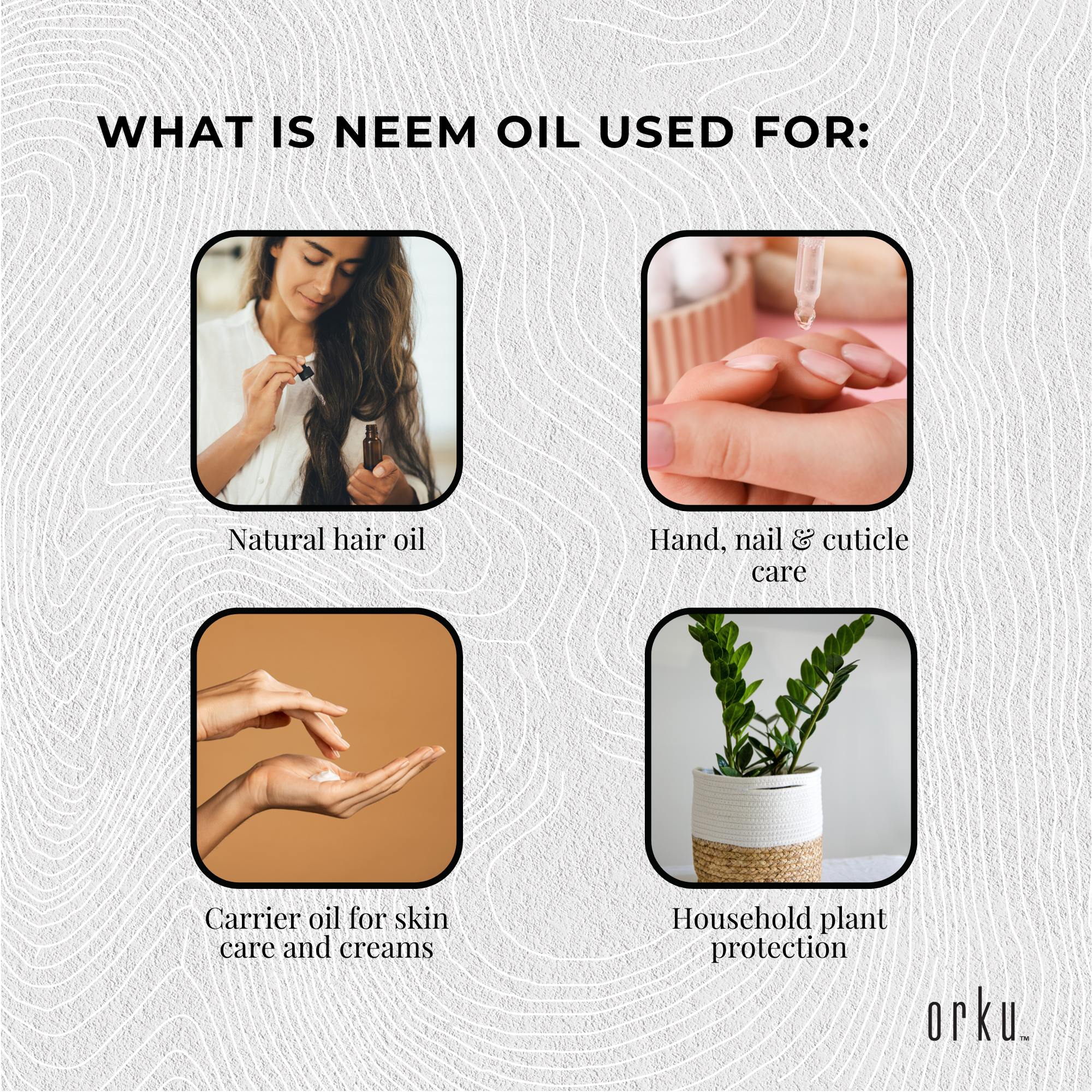Uses of neem oil with images and text on a textured background