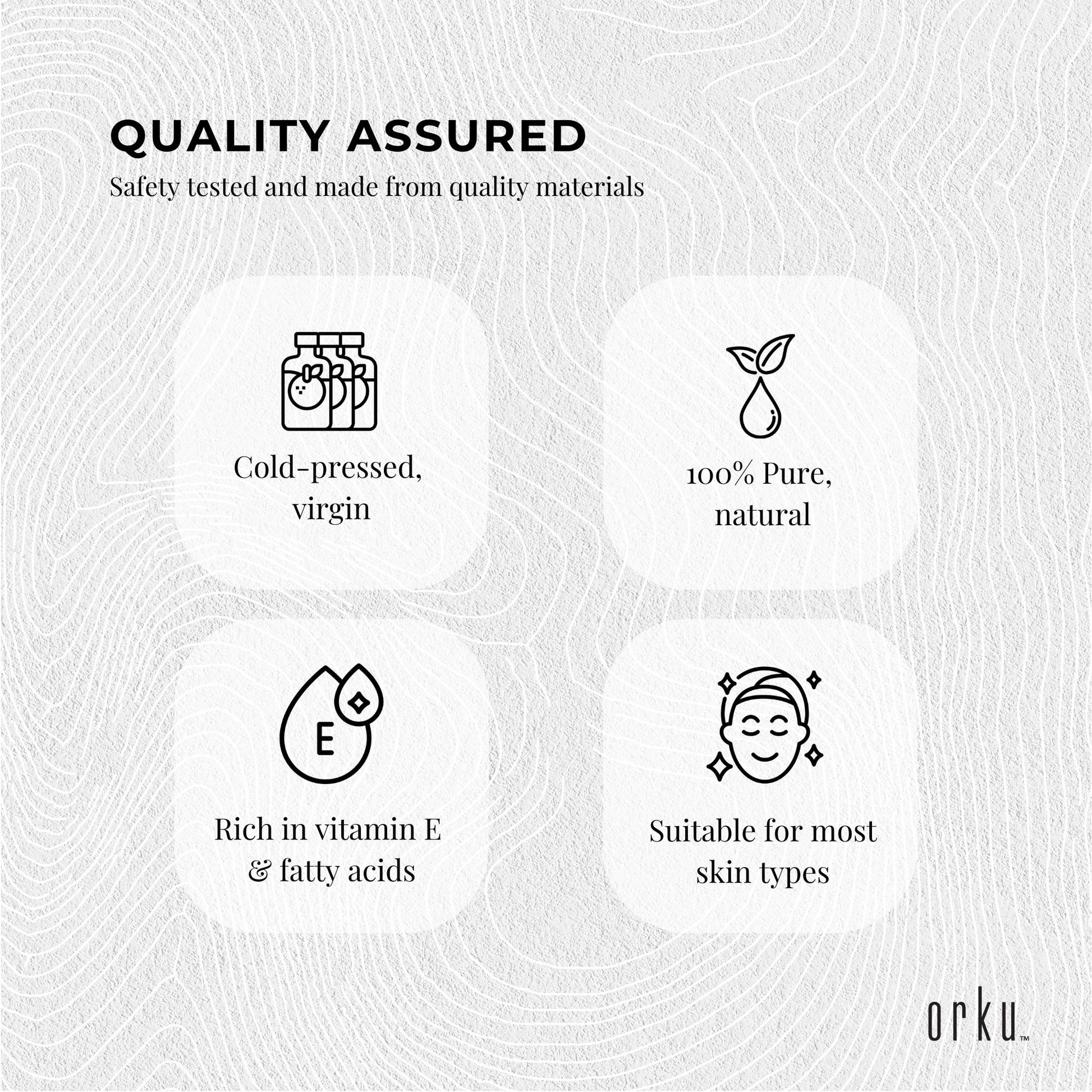 Quality assured text with icons and descriptions on a textured white background