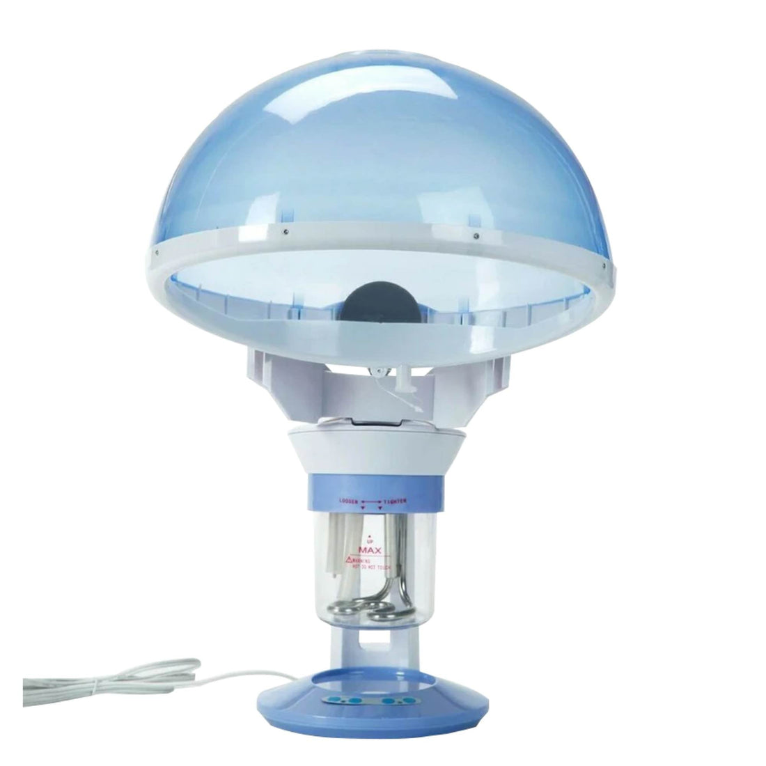 Blue and white lamp with a transparent base on a white background