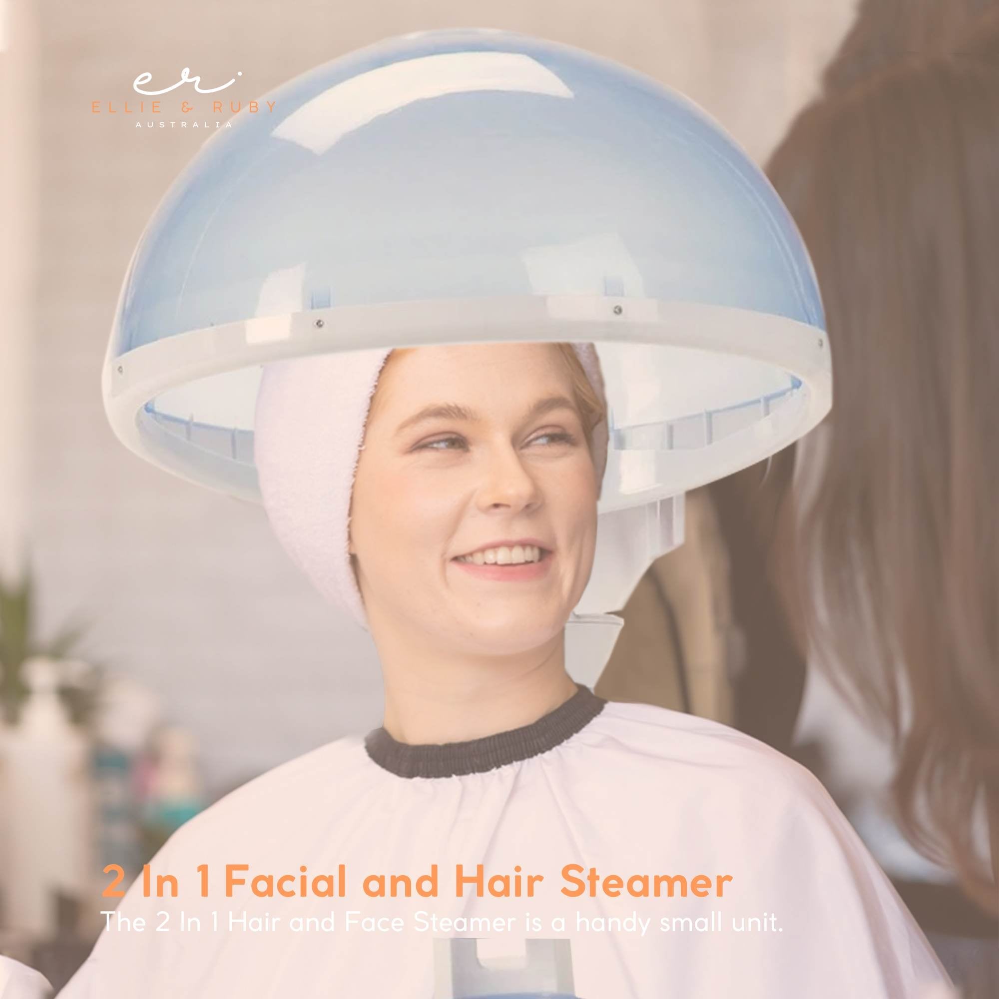 Person using a 2-in-1 facial and hair steamer with visible branding.
