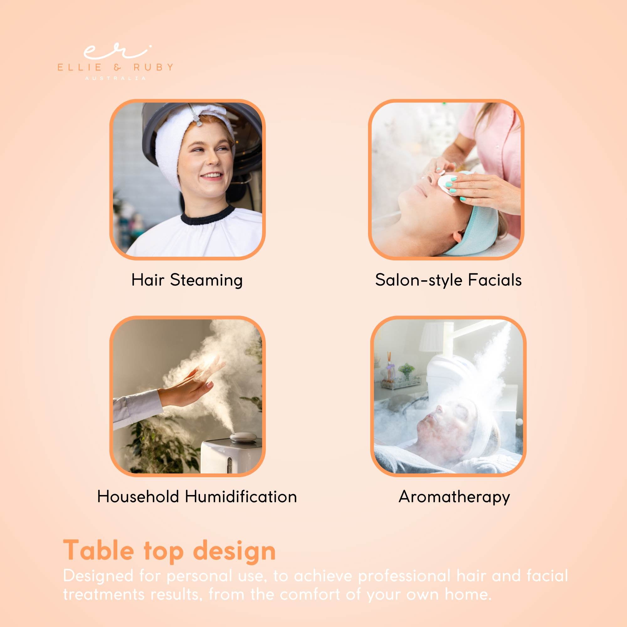 Table top design for hair steaming, salon-style facials, household humidification, and aromatherapy with 'Ellie & Ruby' branding.