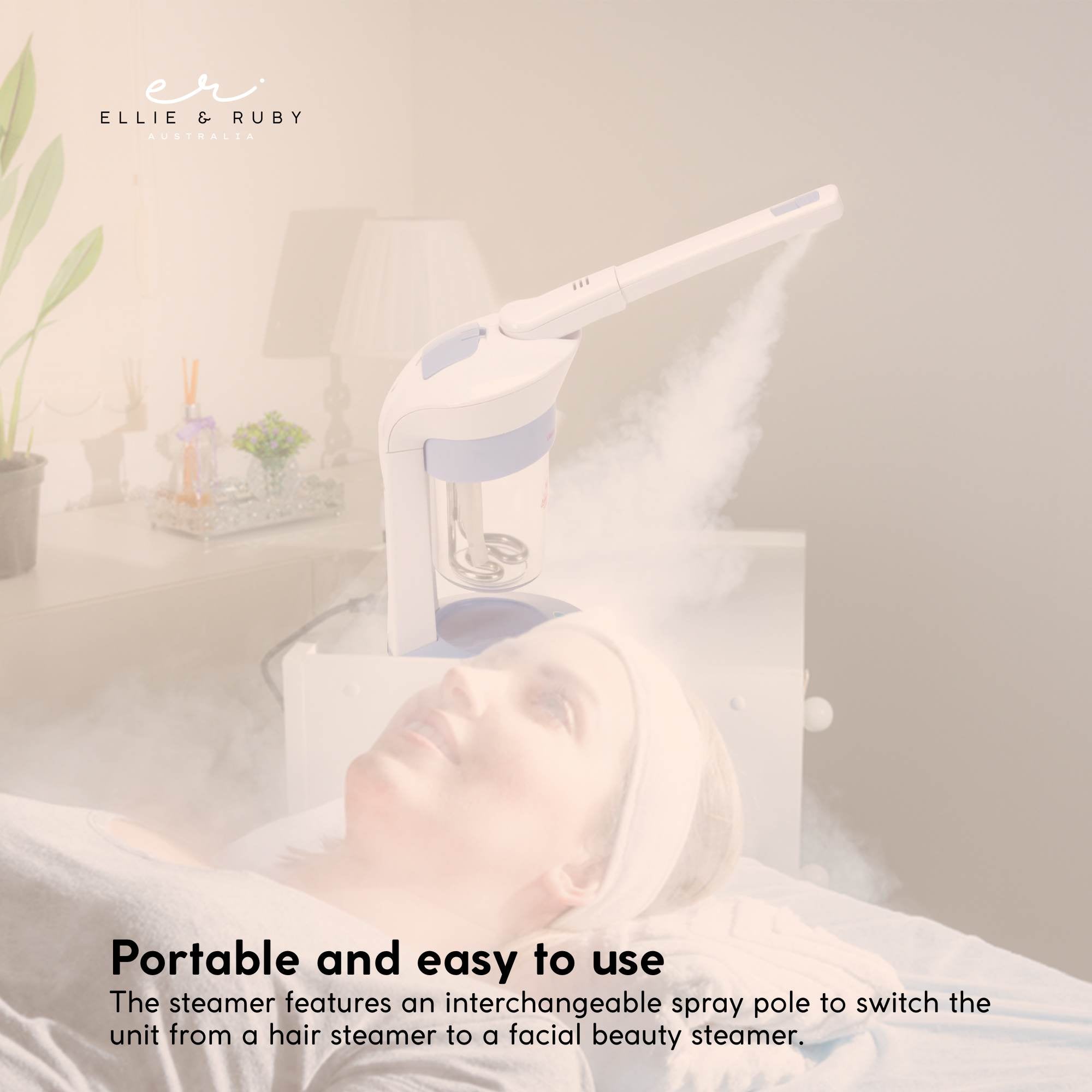 Portable hair and facial beauty steamer with interchangeable spray pole, featuring brand 'Ellie & Ruby'.