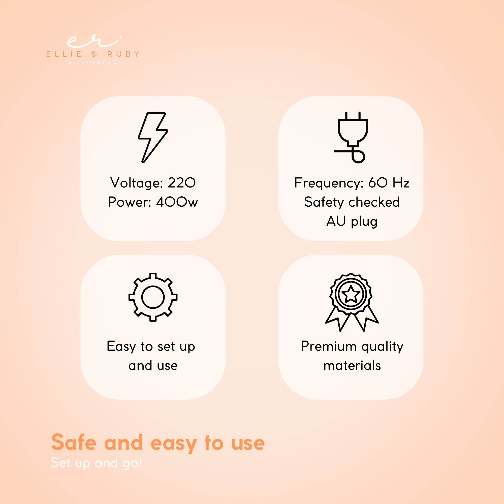 Product features with icons and text on a peach background, including voltage, power, frequency, safety check, setup ease, and material quality.