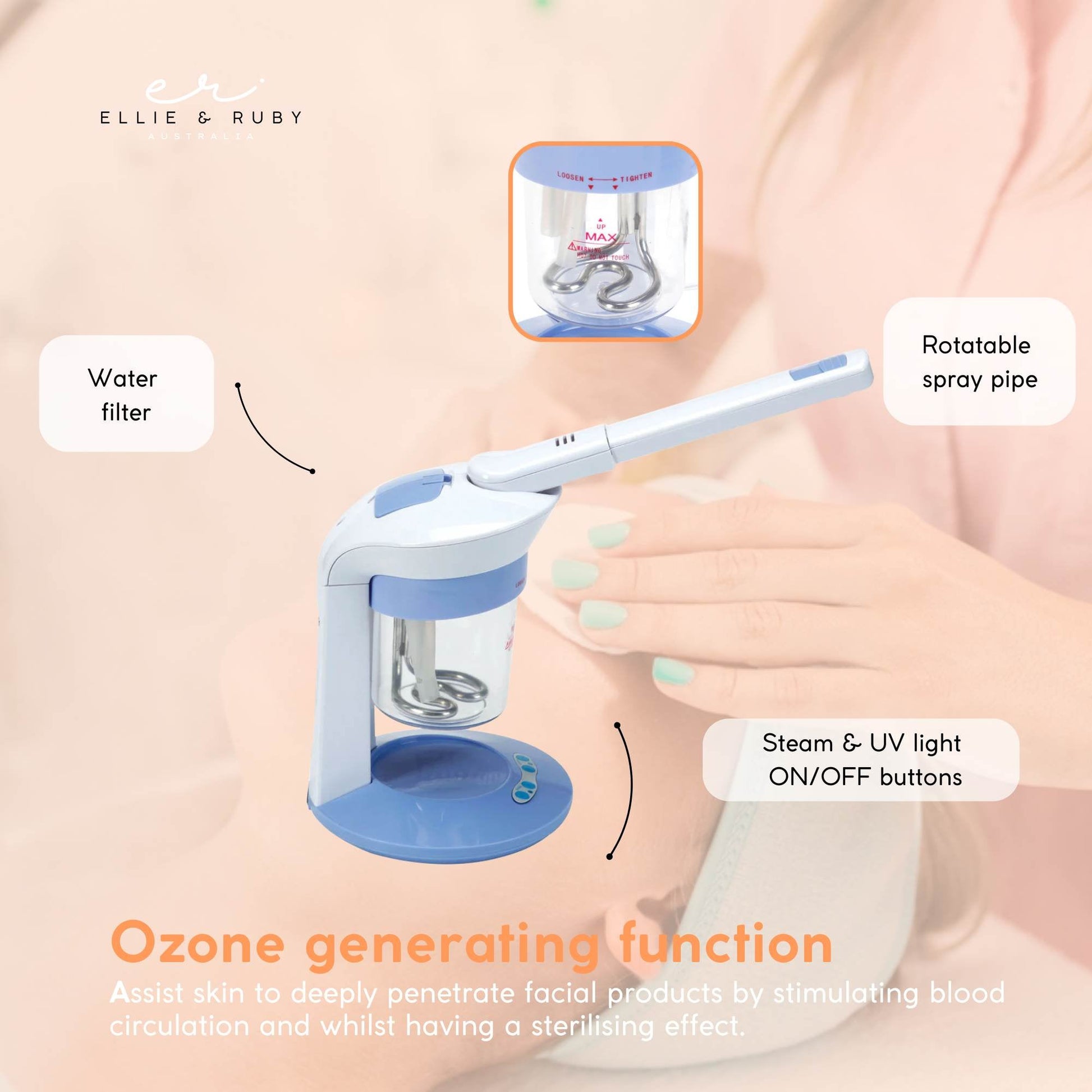 Ozone generator device with labeled features on a neutral background