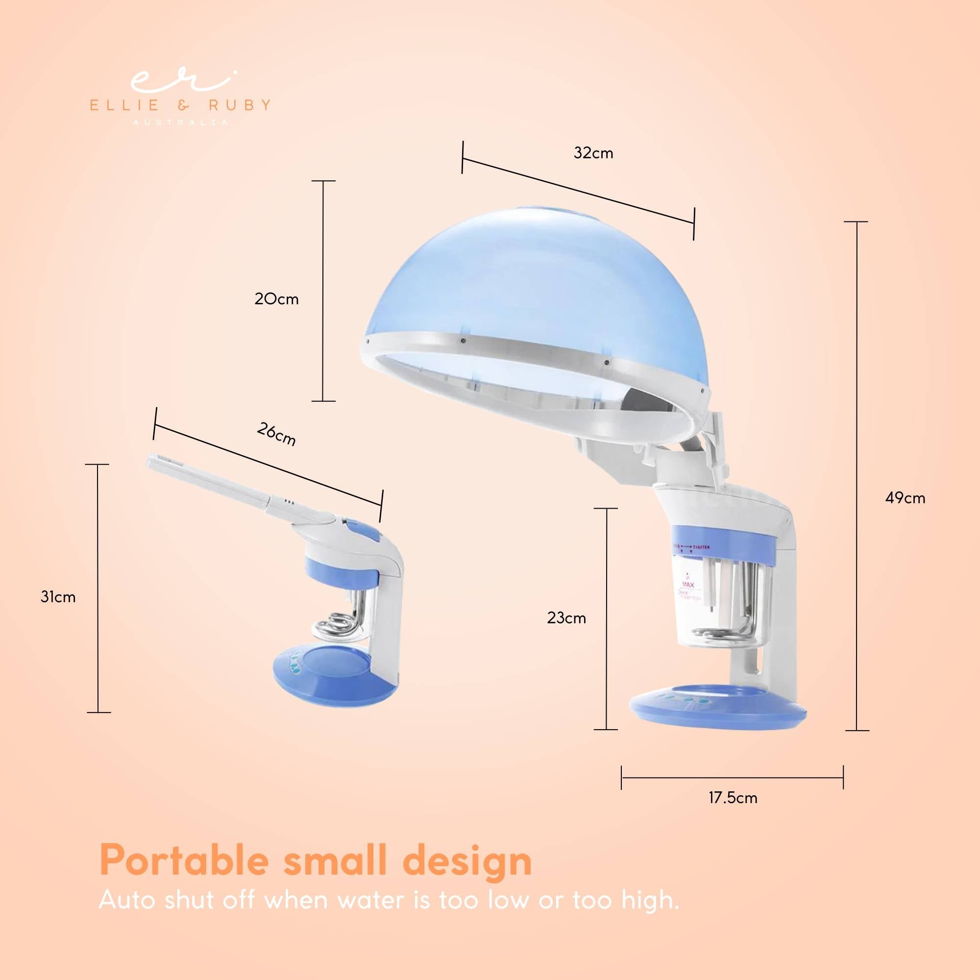Measurement chart of a portable shower head with dimensions on a peach background, featuring the brand 'Ellie & Ruby'.