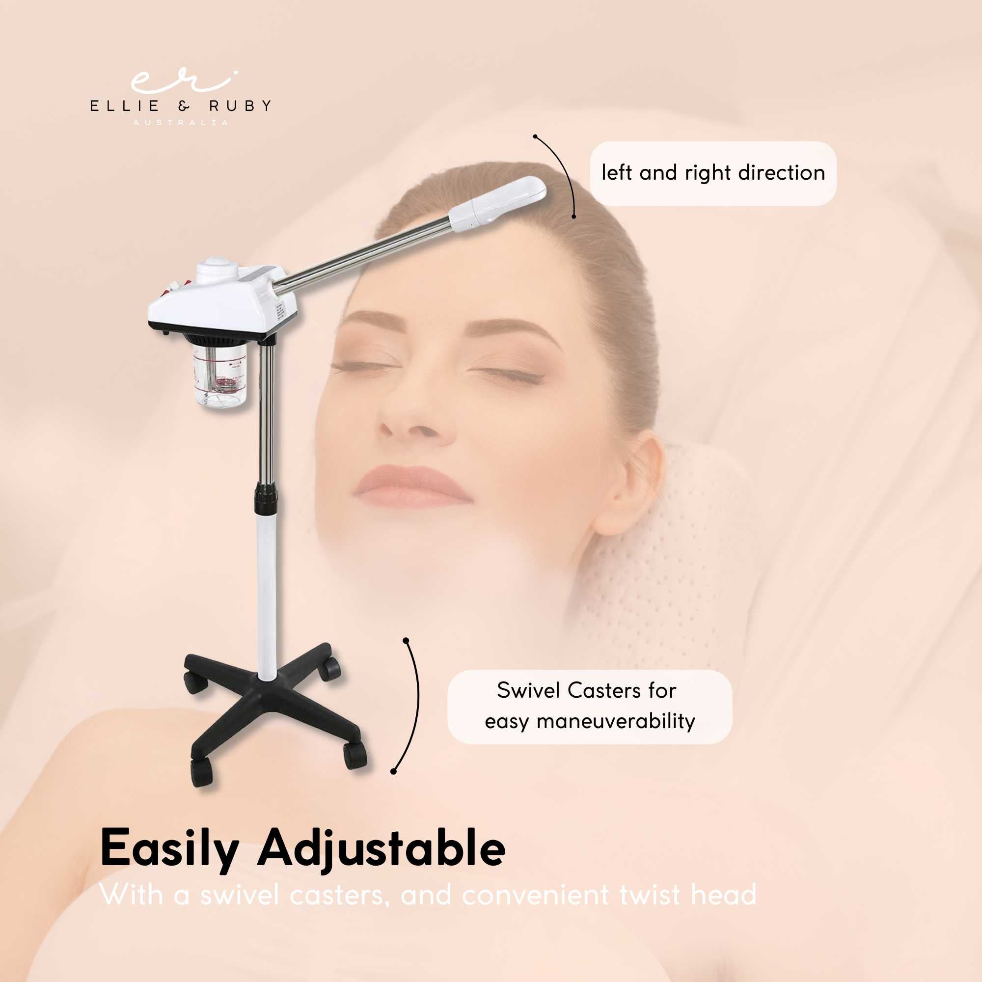 Woman receiving a facial treatment with an adjustable beauty device, branded 'Ellie & Ruby'.