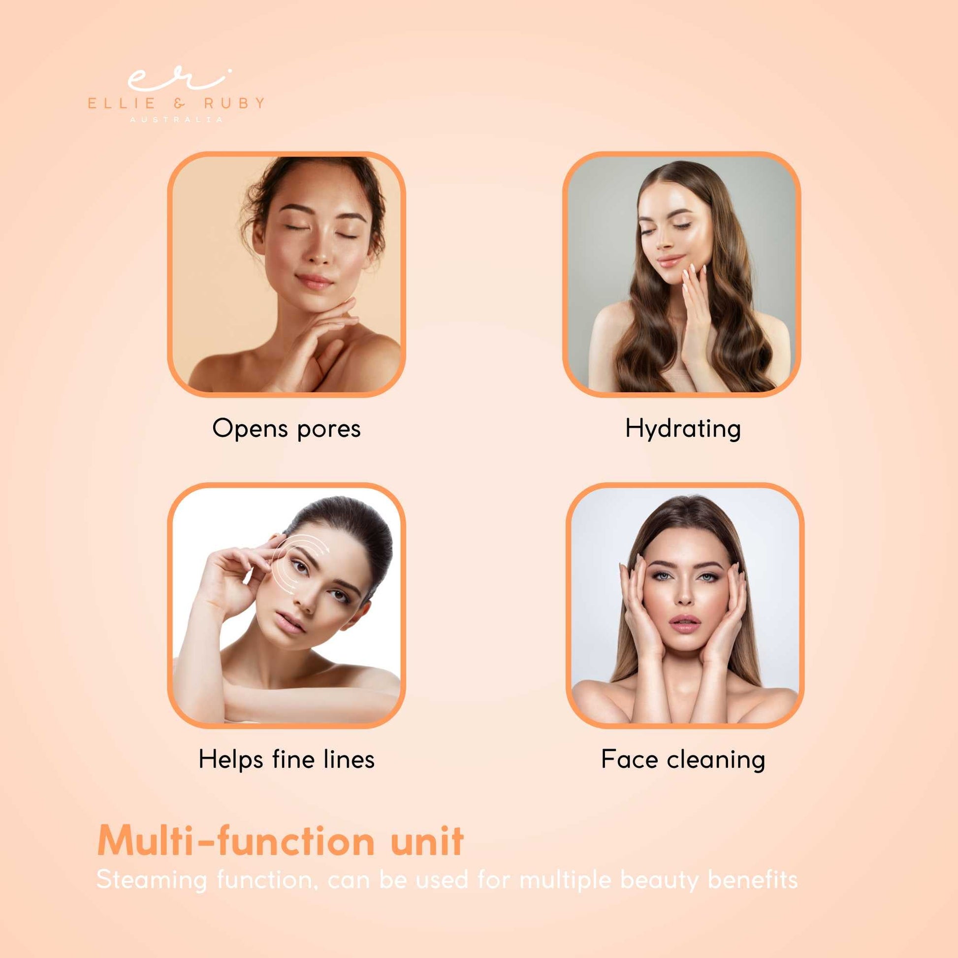 Promotional image of a multi-function skincare device with four benefits on a peach background.
