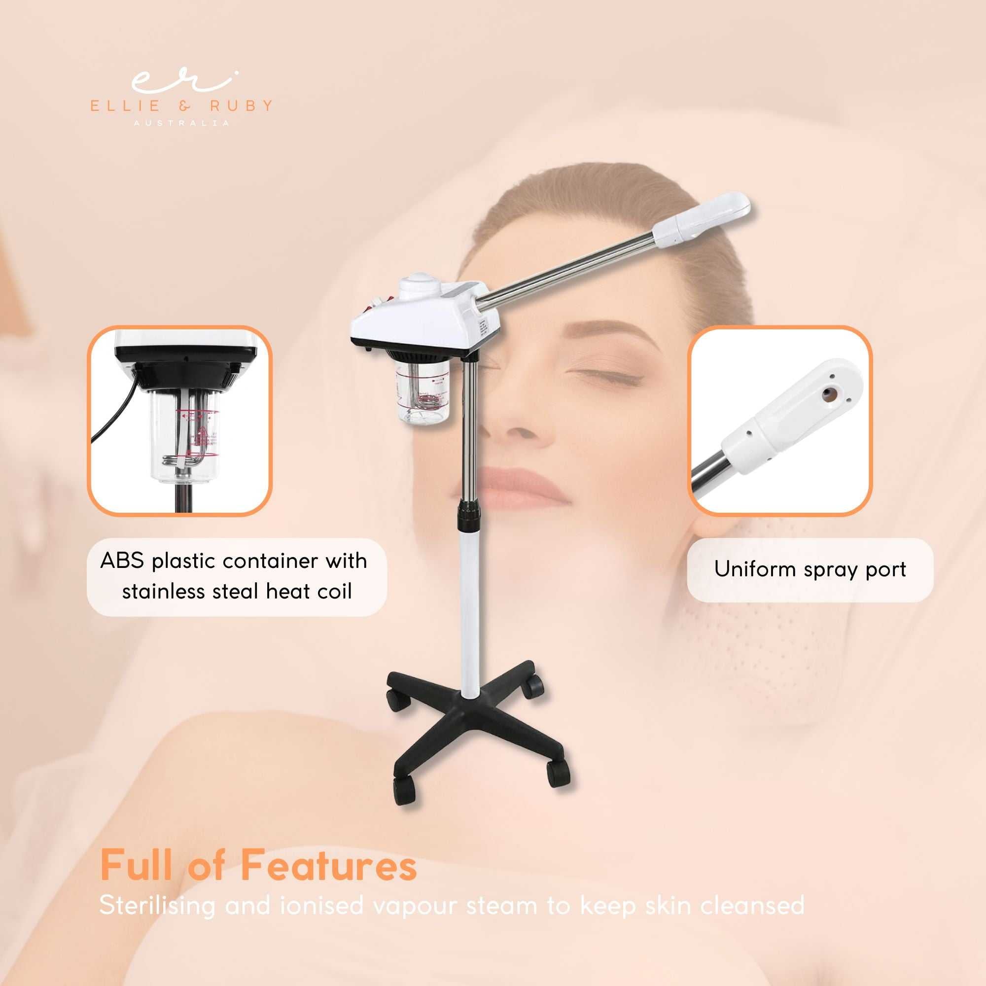 Facial steamer with features highlighted on a beige background