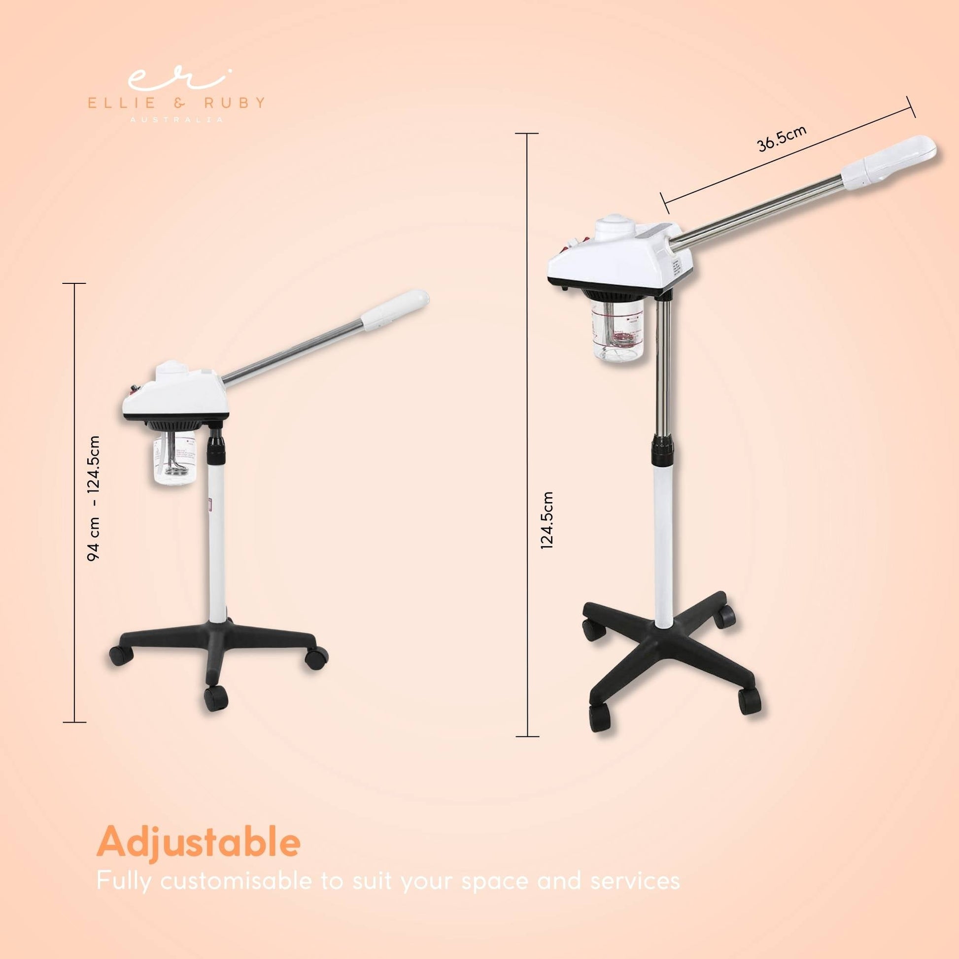 Adjustable stand with dimensions on a beige background, featuring the brand 'Ellie & Ruby'.