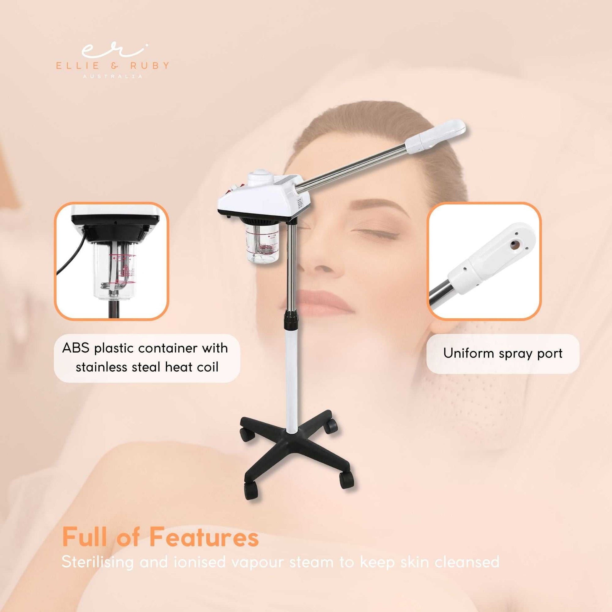Facial steamer with features highlighted on a beige background