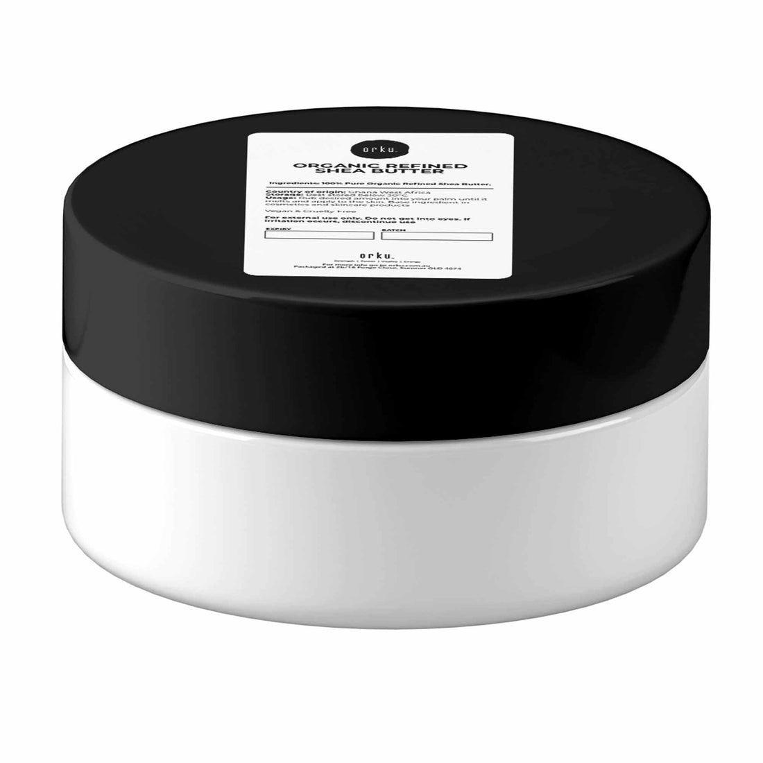 White container with black lid on a white background