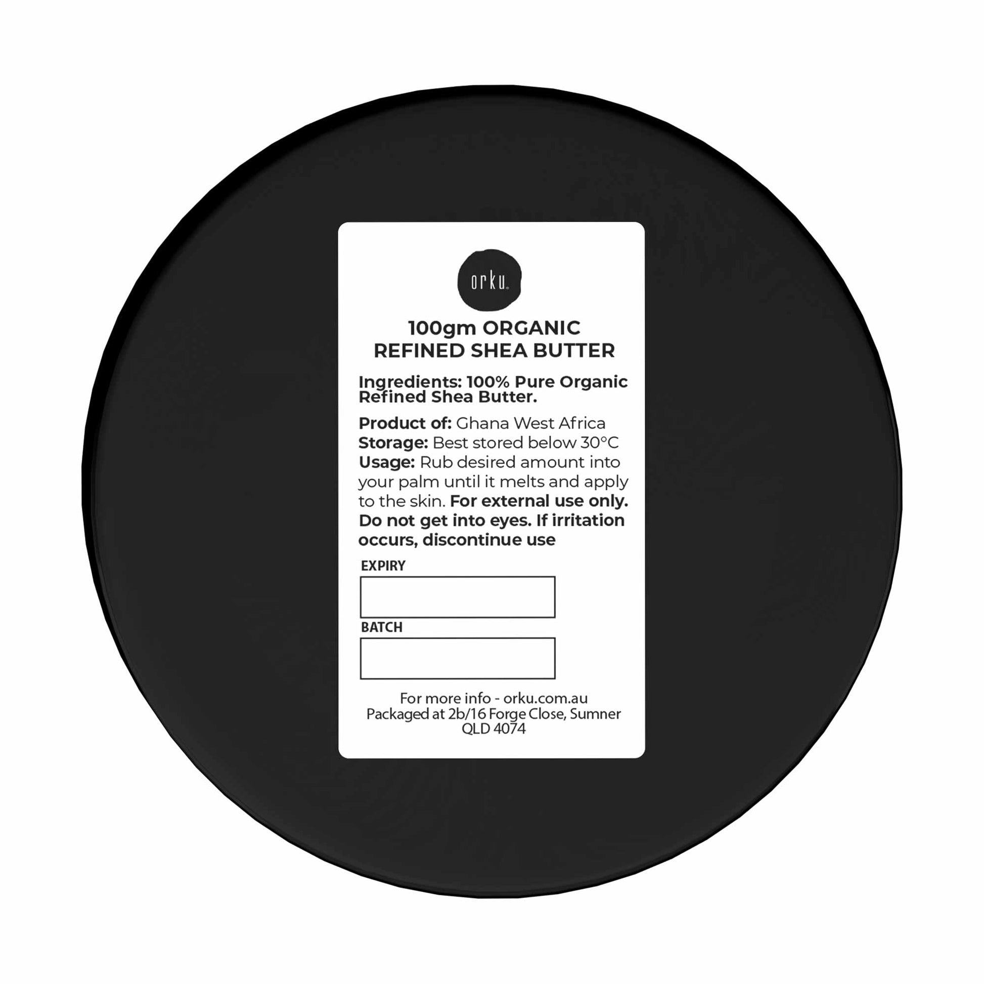 Black container of organic refined shea butter with a label on a white background