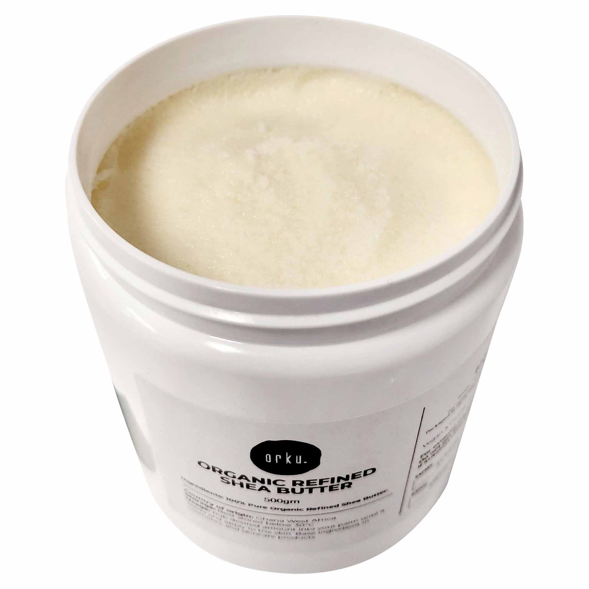 White container of shea butter with 'arku' branding on a white background