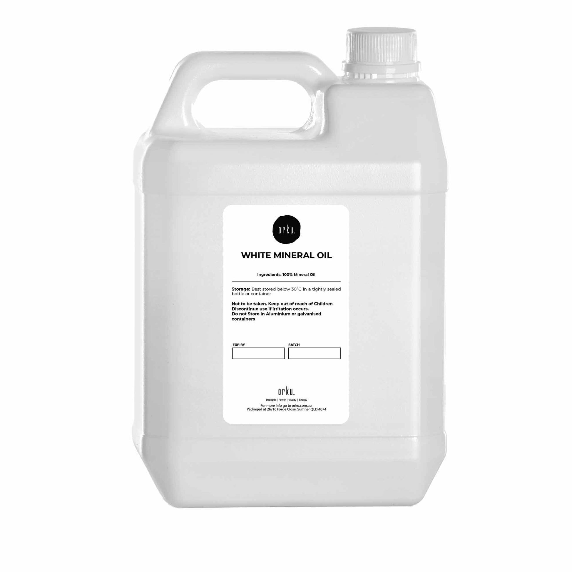 White mineral oil container with a label on a white background