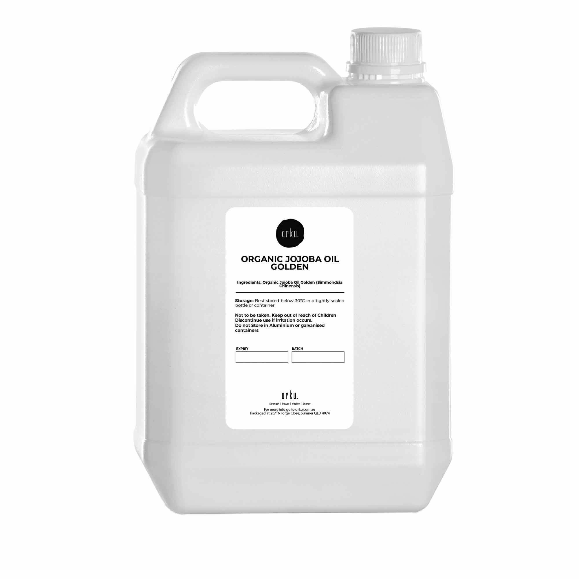 Large container of organic jojoba oil with a label on a white background