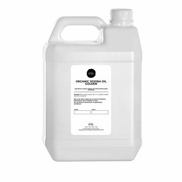 Large container of organic jojoba oil with a label on a white background