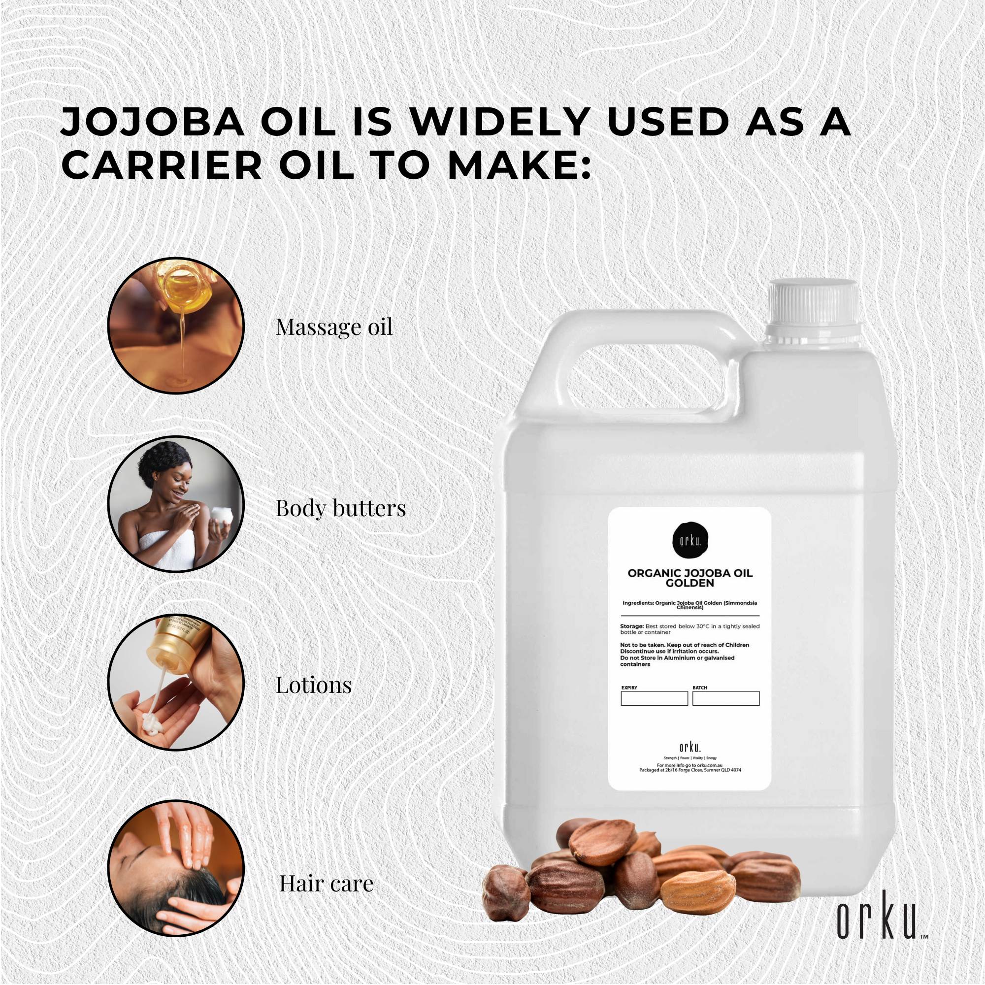 Jojoba oil container with uses listed on a textured background
