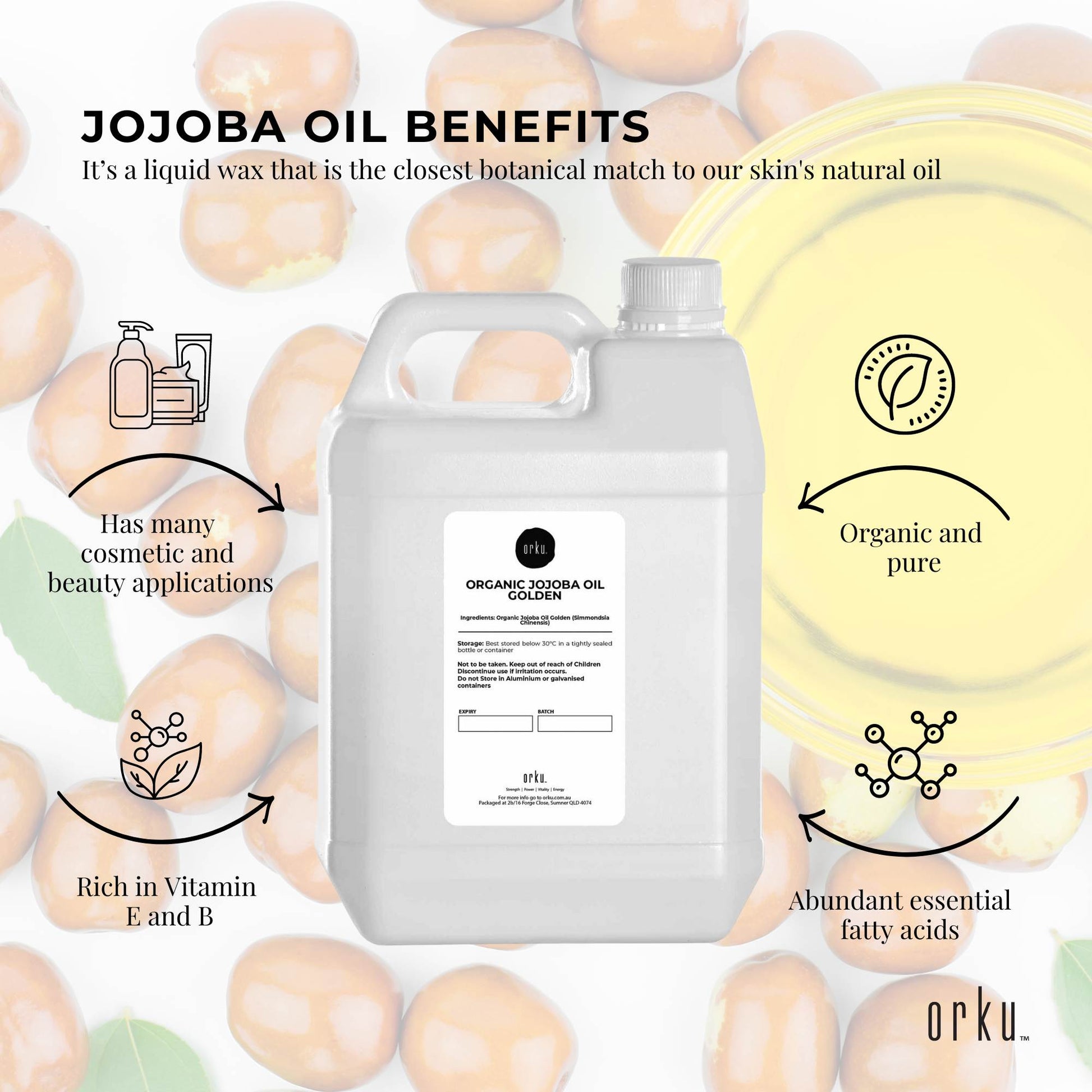 Jojoba oil container with benefits text and illustrations on a light background