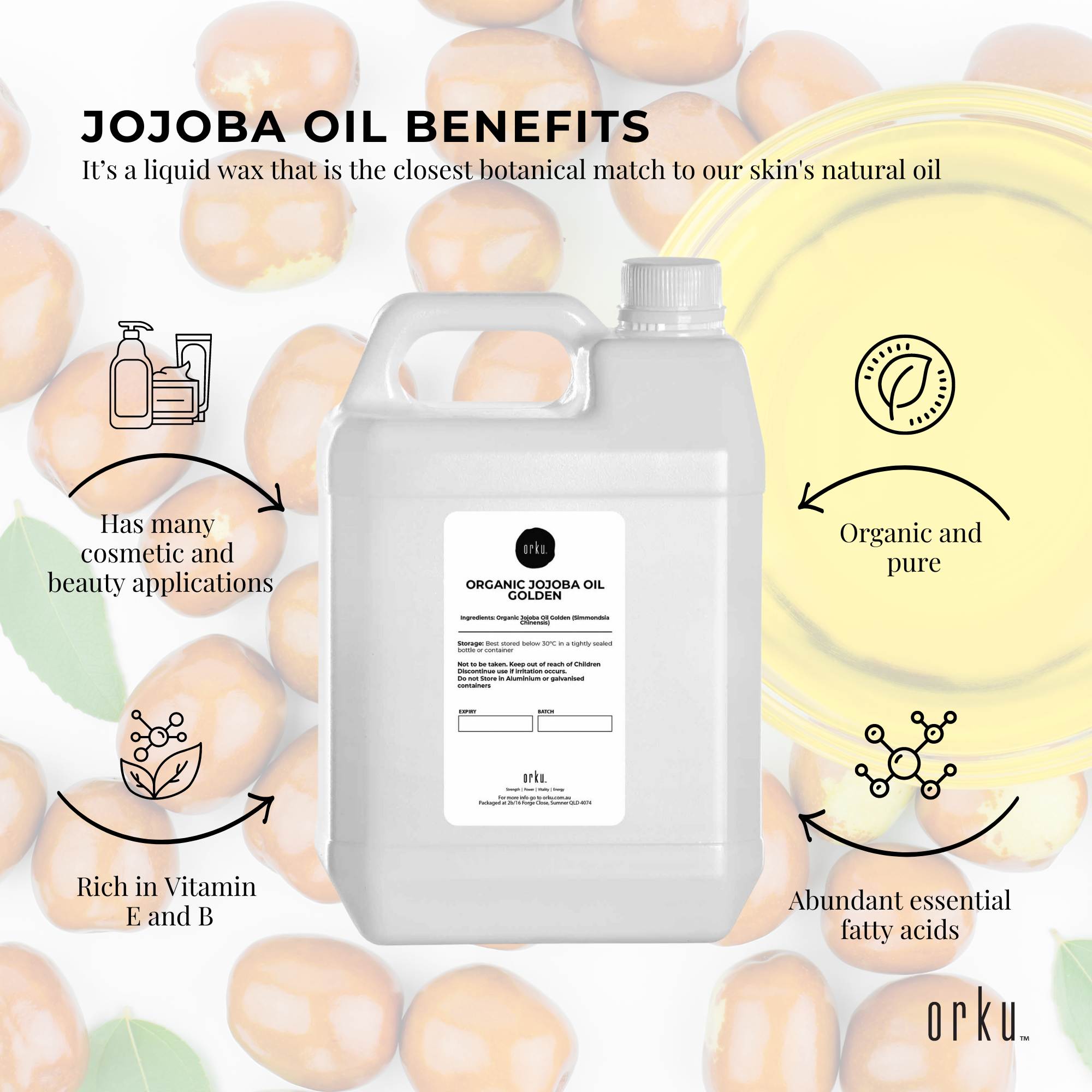 Jojoba oil container with benefits text and illustrations on a light background