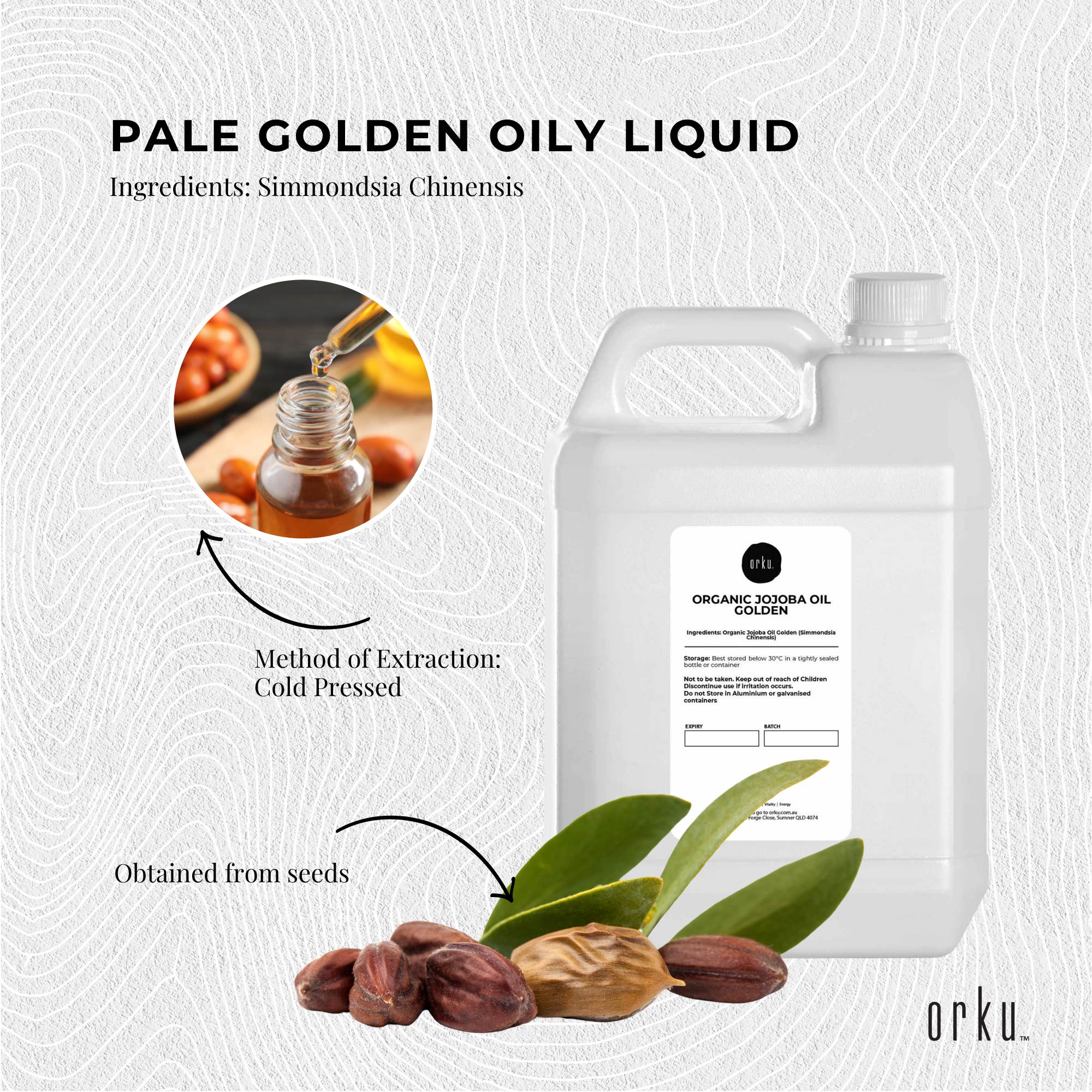 Container of organic jojoba oil with text and images explaining its properties and method of extraction.