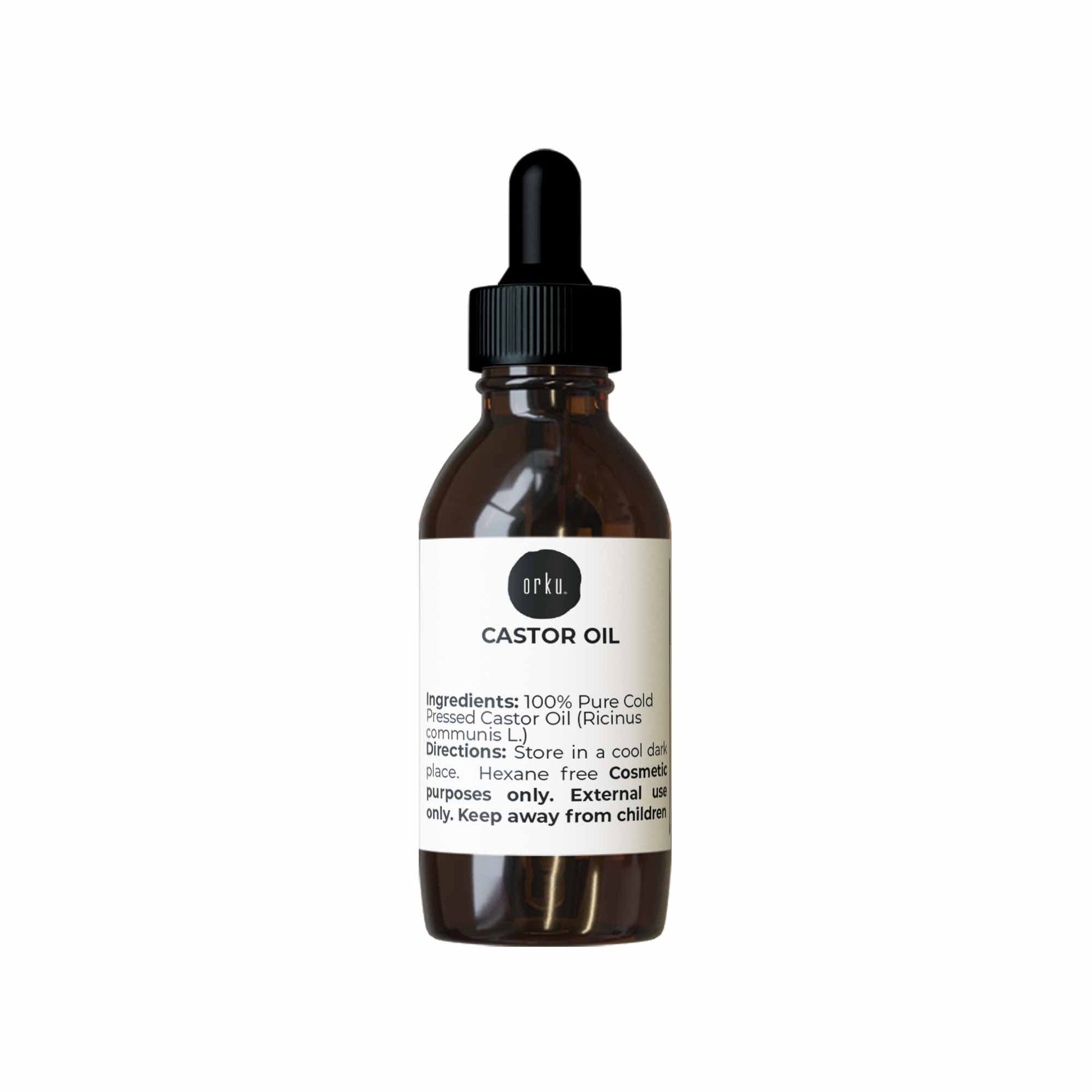 Bottle of castor oil with a dropper on a white background