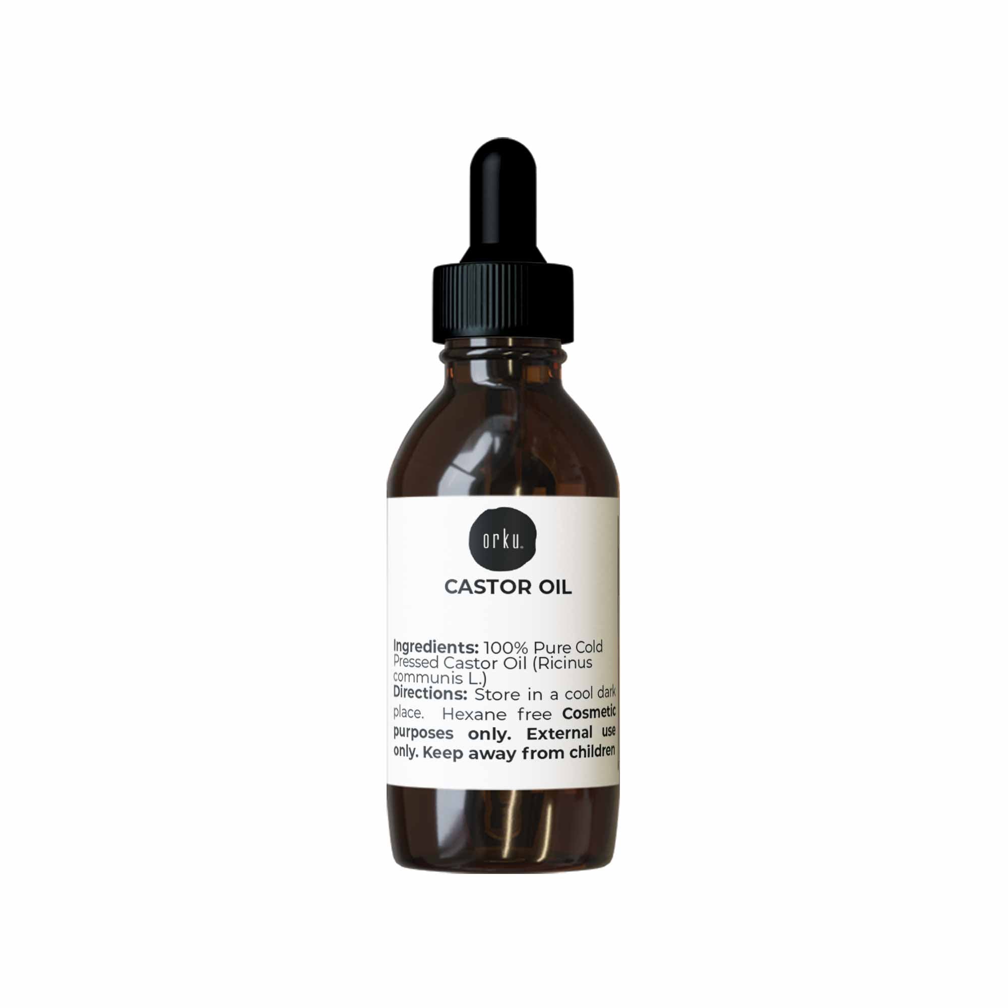 Bottle of castor oil with a dropper on a white background