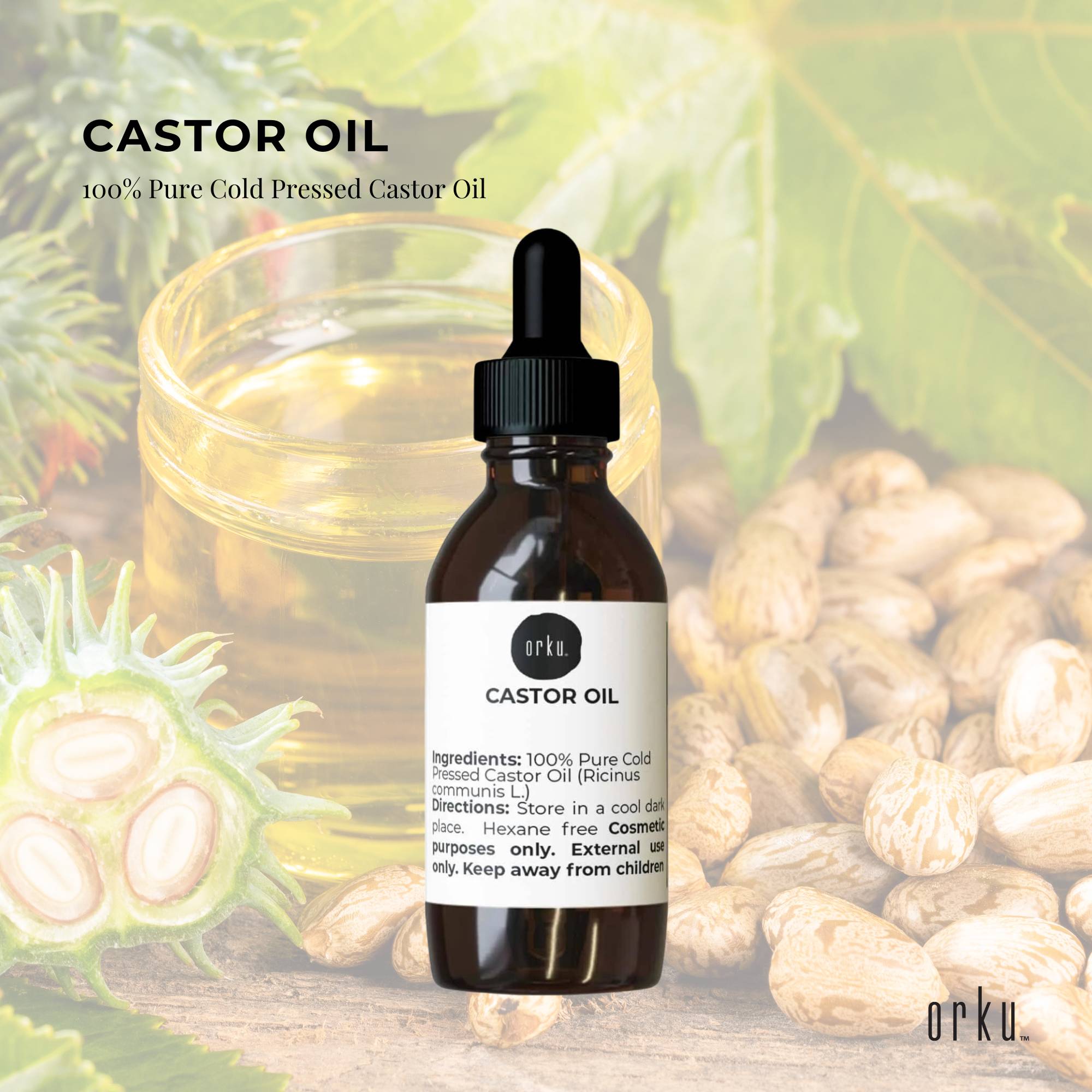 Bottle of orku castor oil with ingredients and packaging details on a natural background