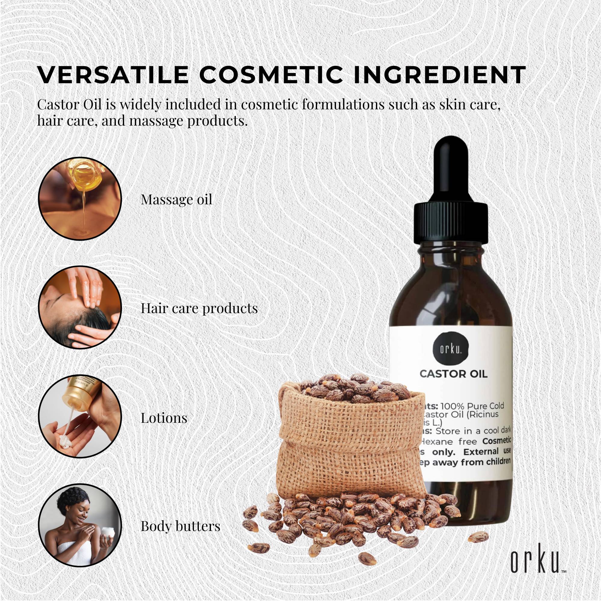 Orku castor oil bottle with packaging and uses on a textured background