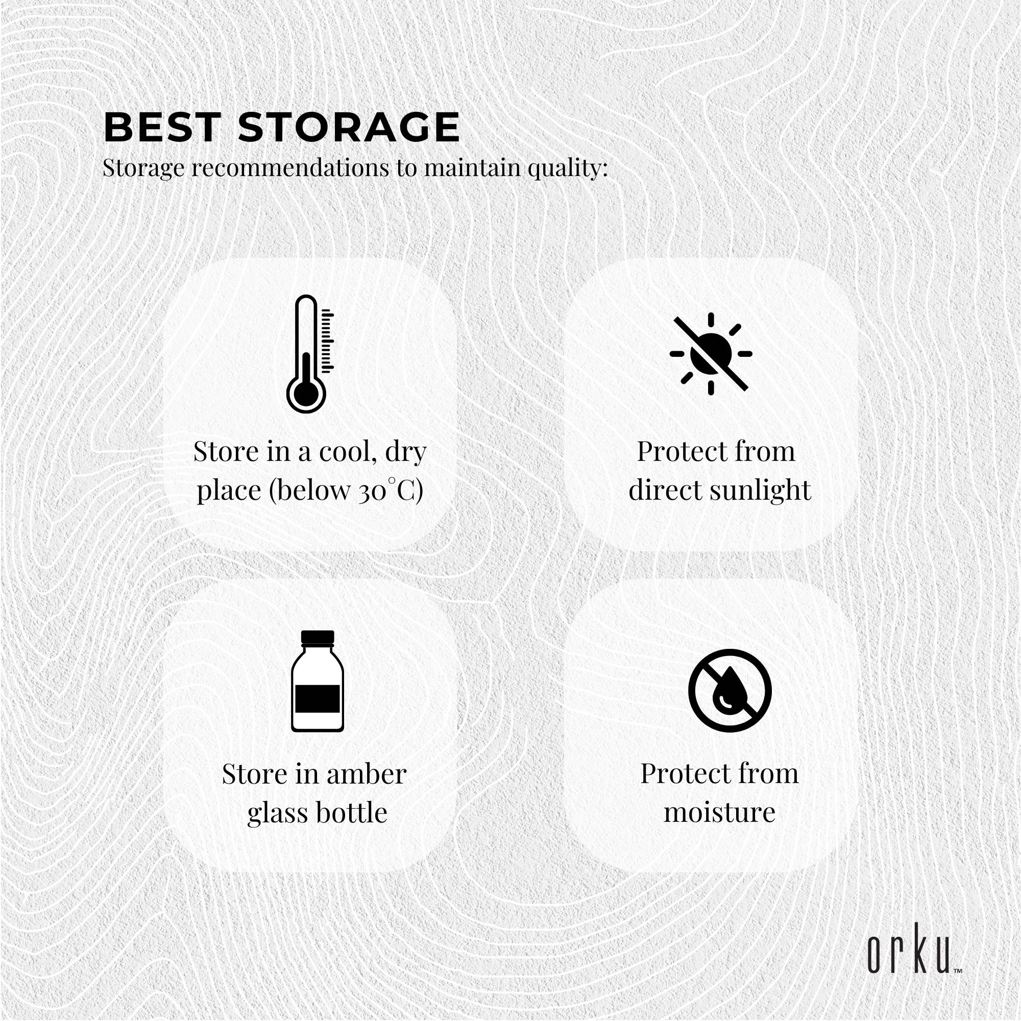 Storage recommendations for maintaining product quality with icons and text on a textured background.