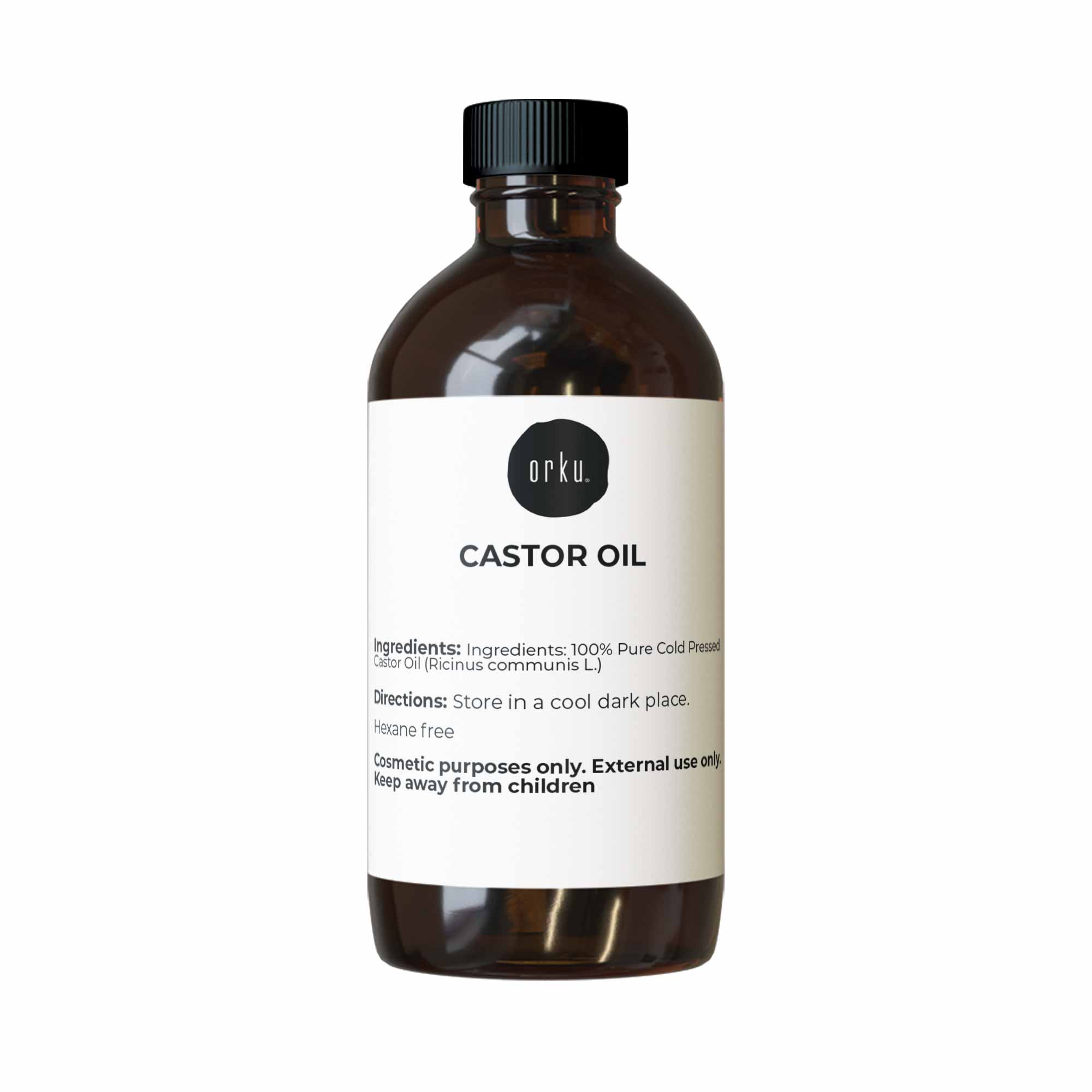 Brown bottle of castor oil with a white label on a white background