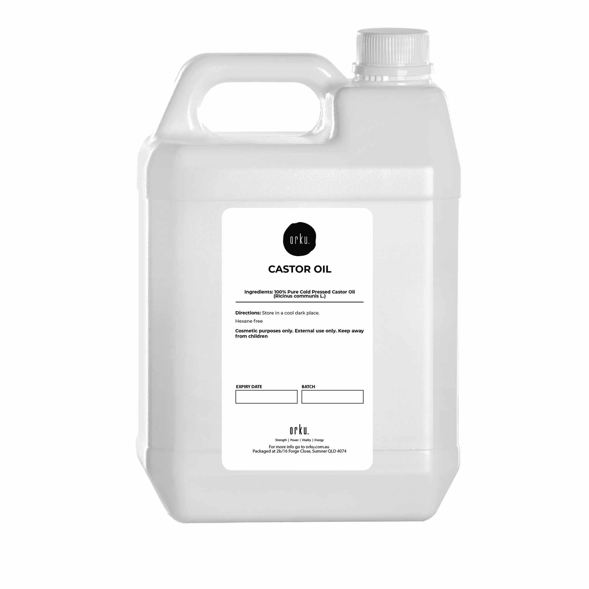 Large container of castor oil with a label on a white background