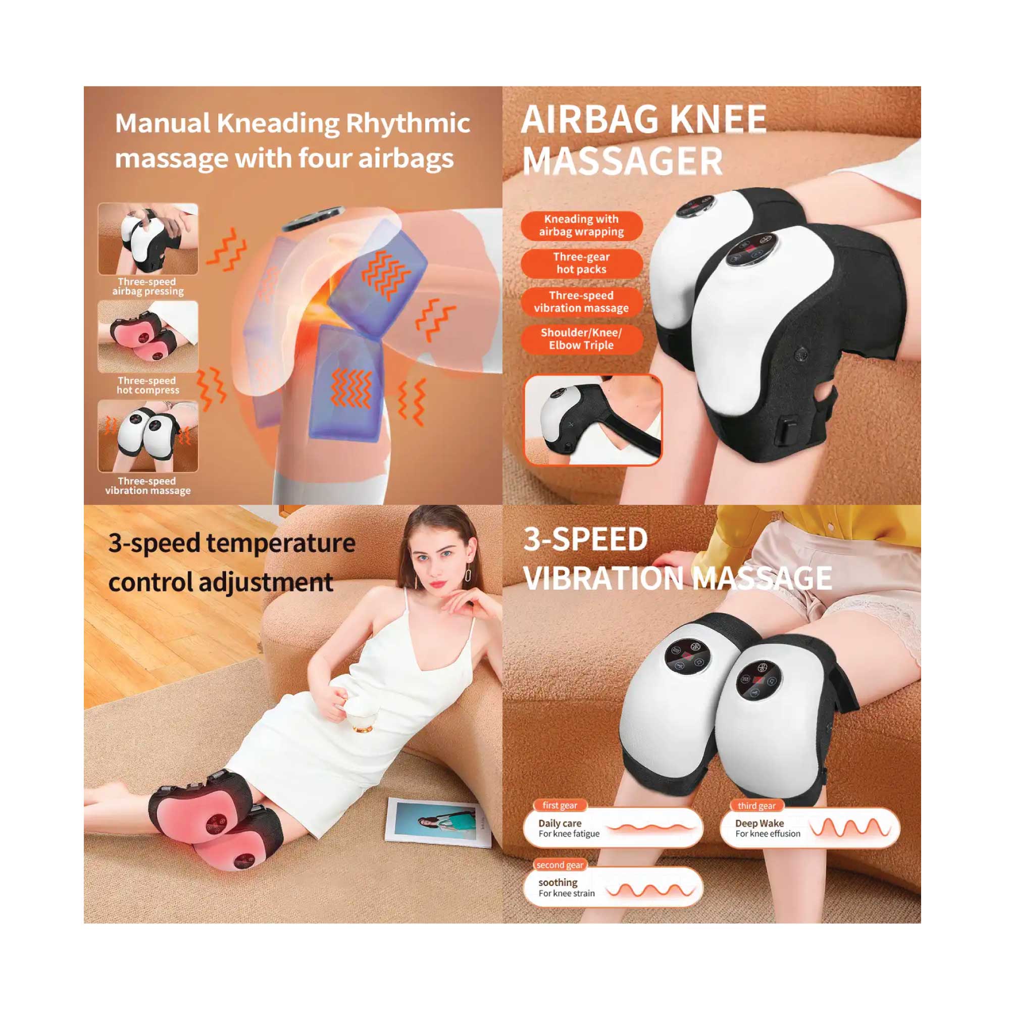 Airbag knee massager with features and usage on a brown background