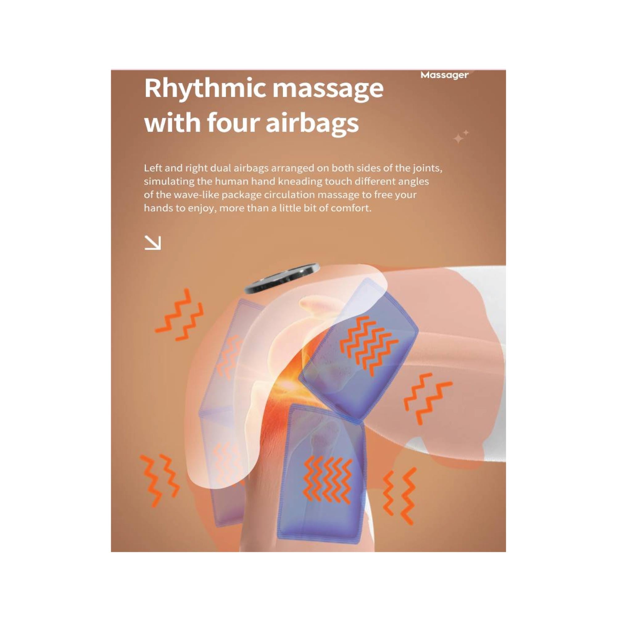 Product advertisement for a massage device with airbags on a beige background