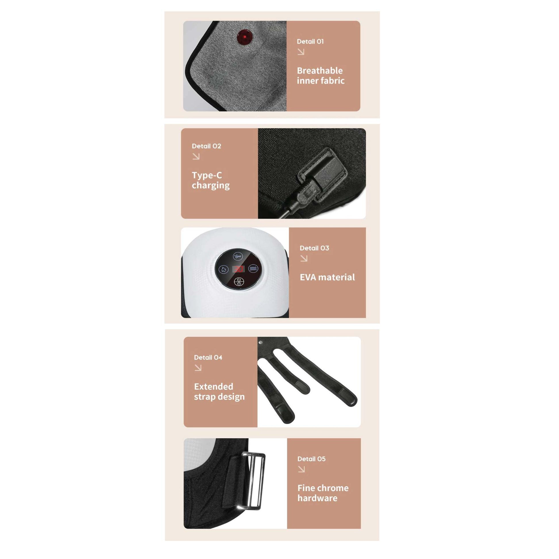 Product features with text labels on a beige background