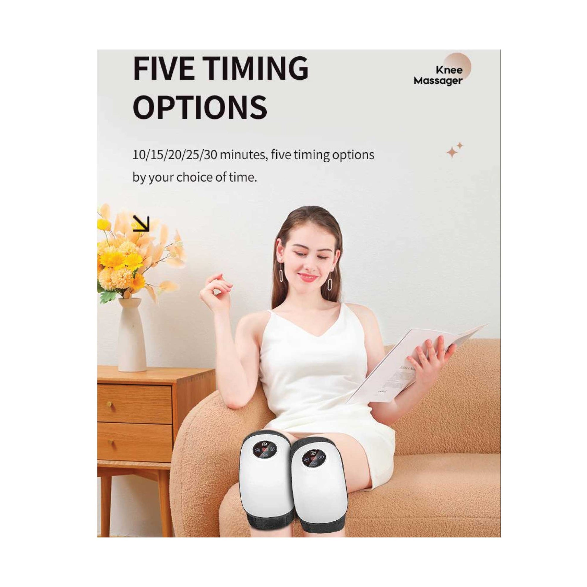 Woman using a knee massager with text about timing options on a white background