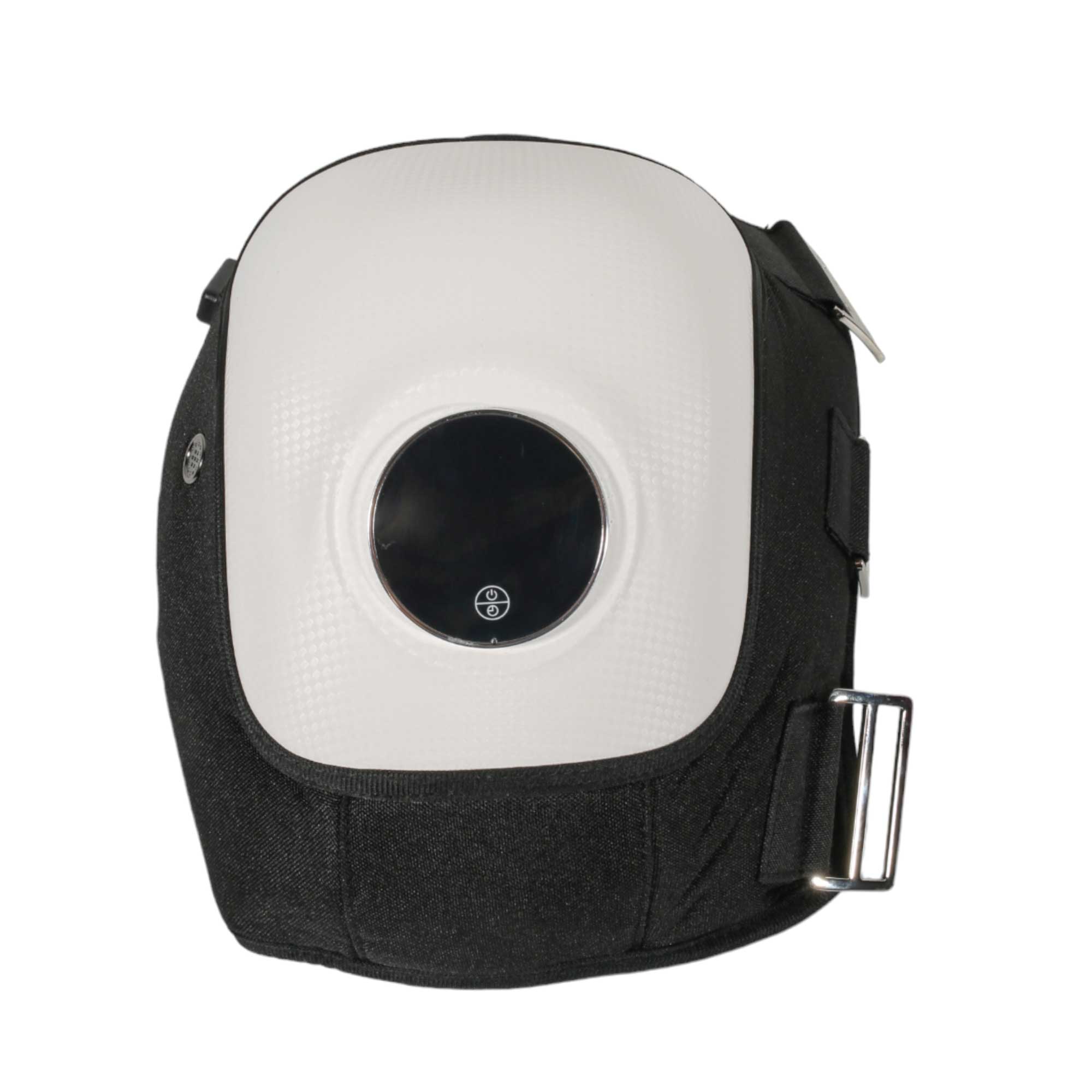 Black and white backpack with a circular design on a white background