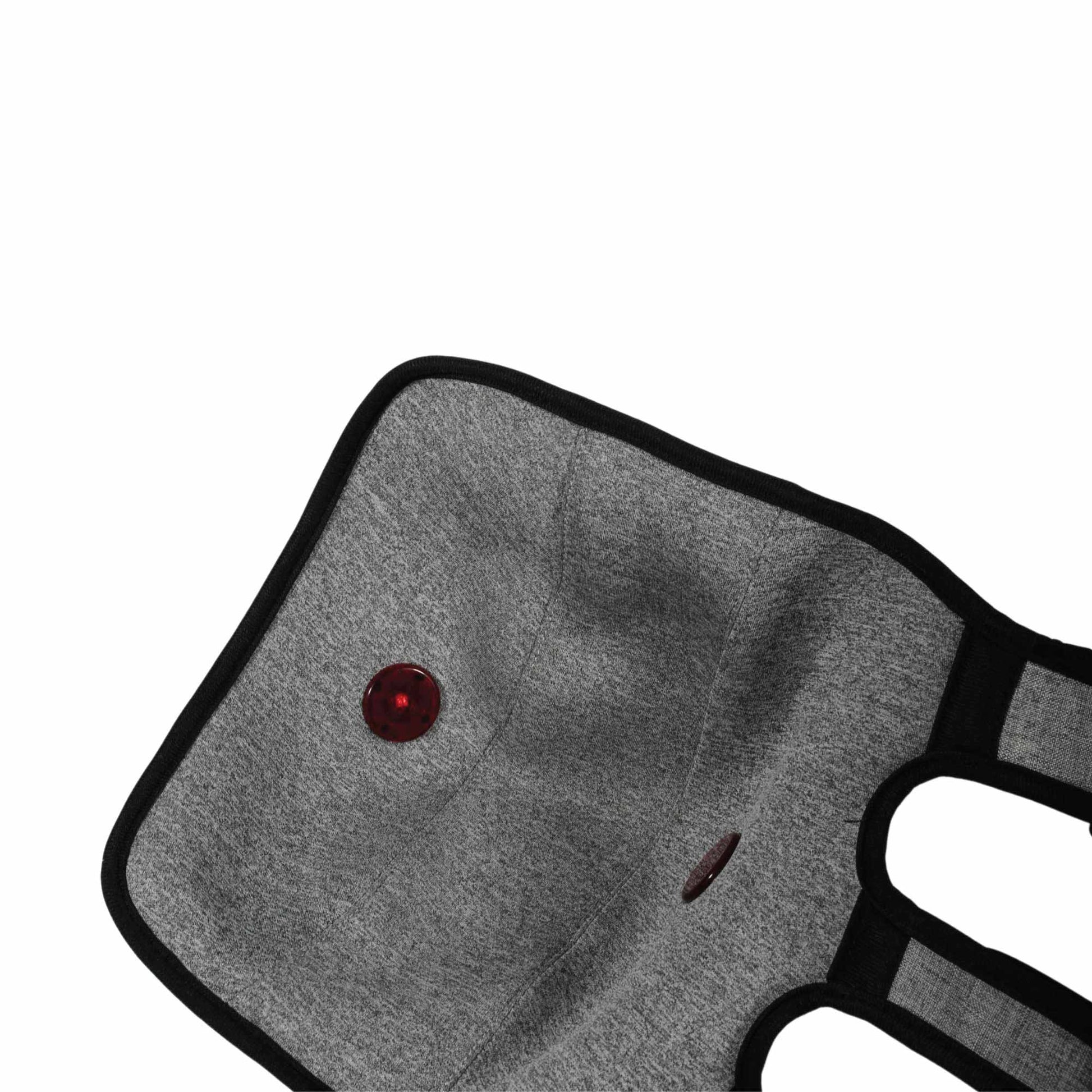 Gray car mat with a red center and black border on a white background
