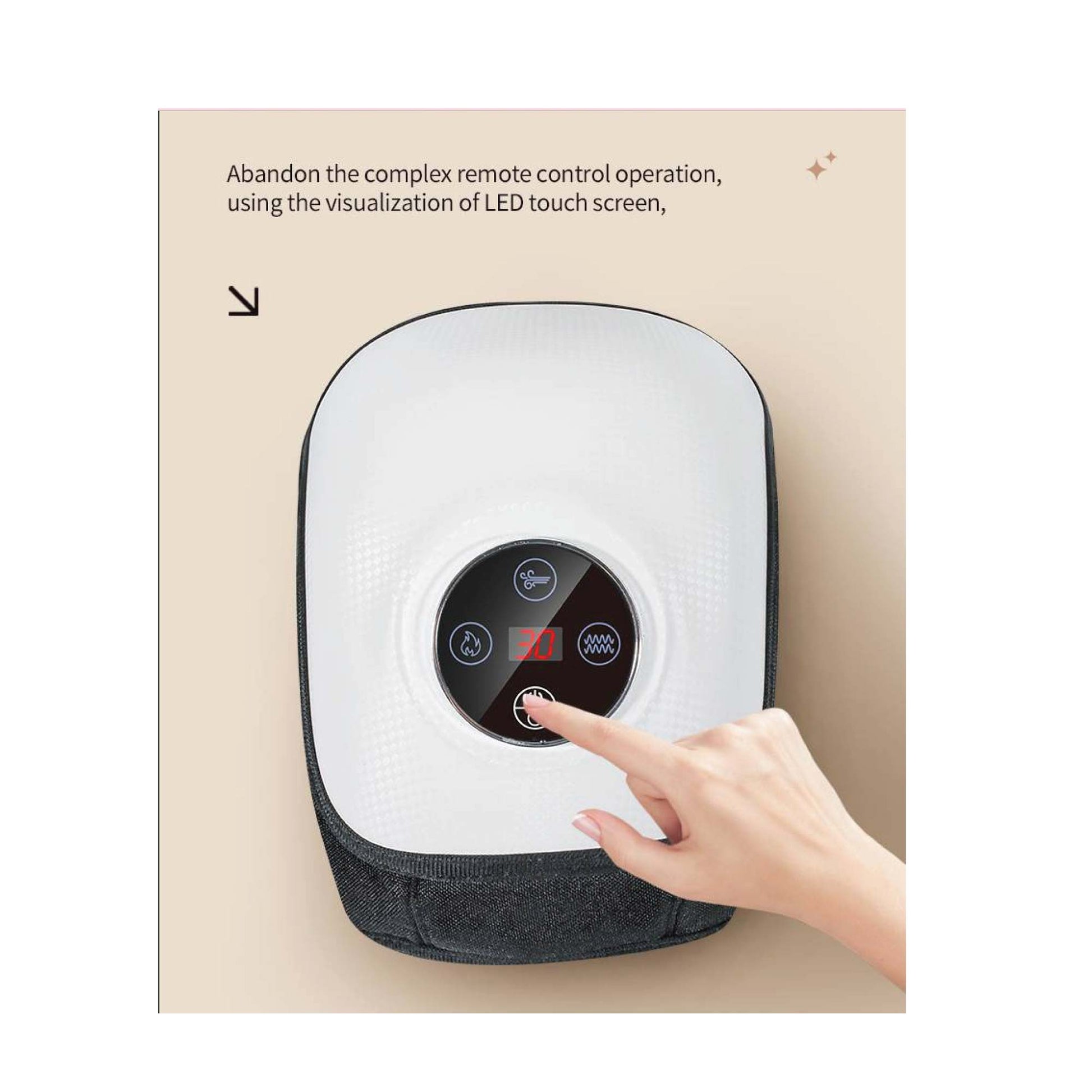 Hand pressing a button on a device with LED touch screen interface