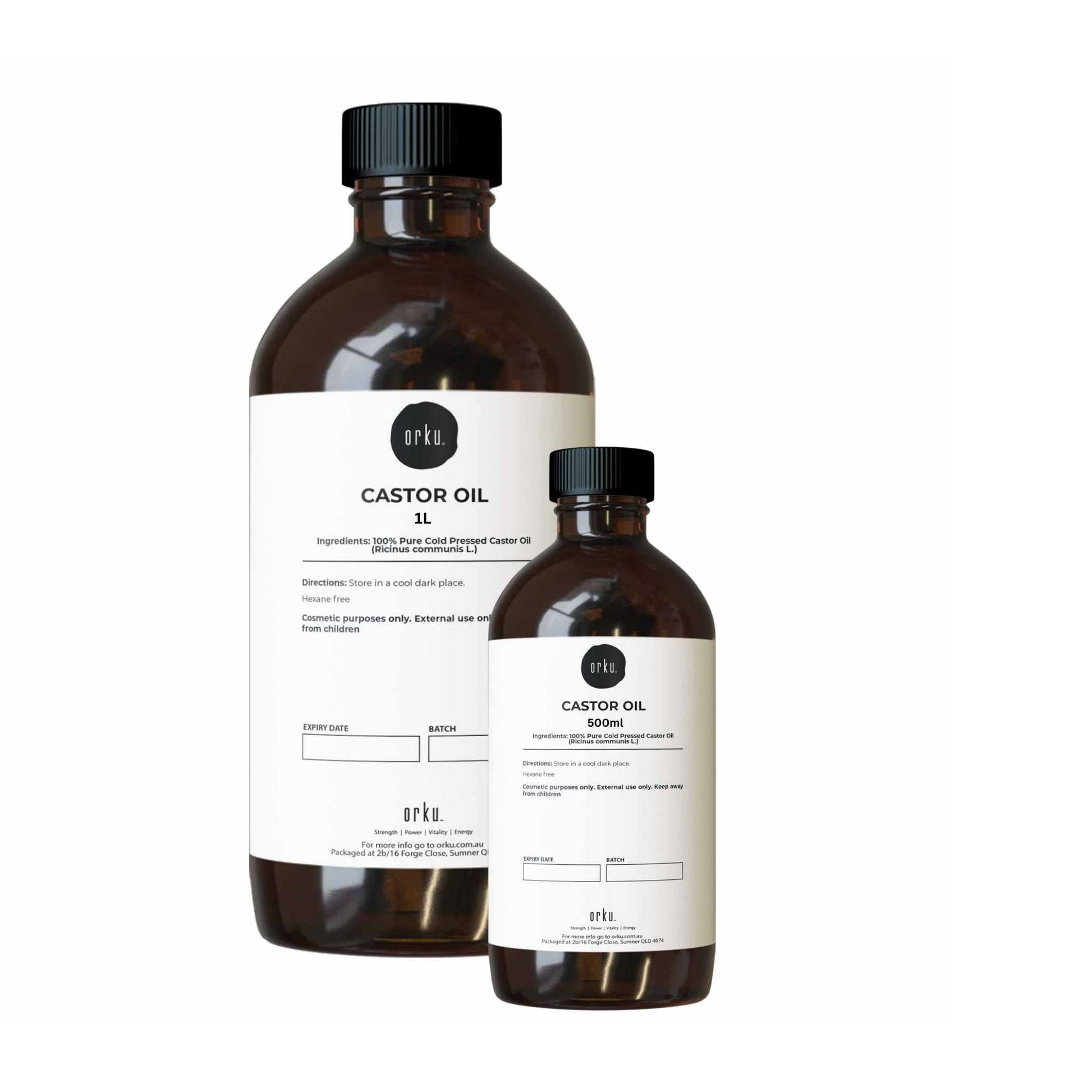 Two bottles of castor oil with labels on a white background