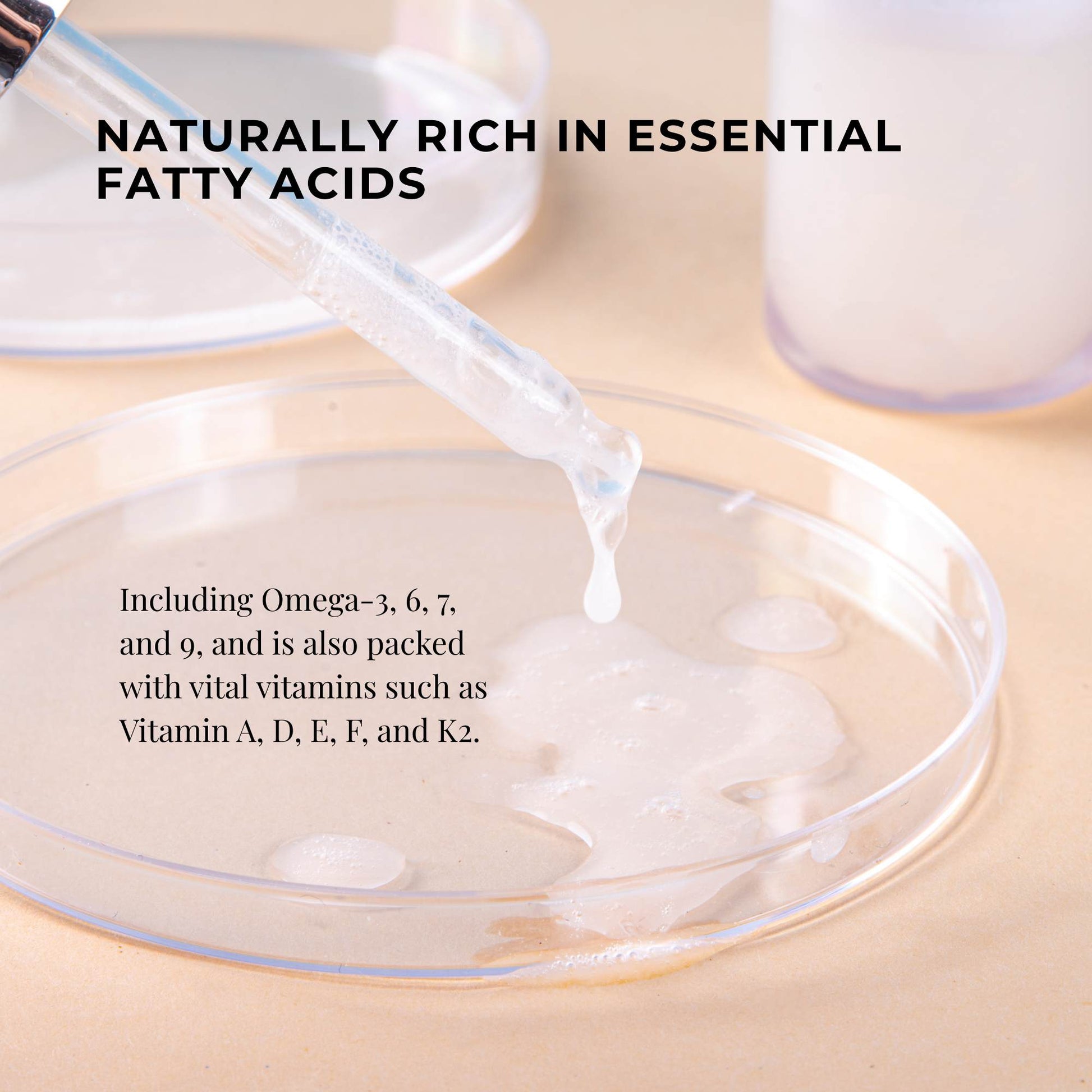 Liquid being poured into a beaker with text about essential fatty acids and vitamins.