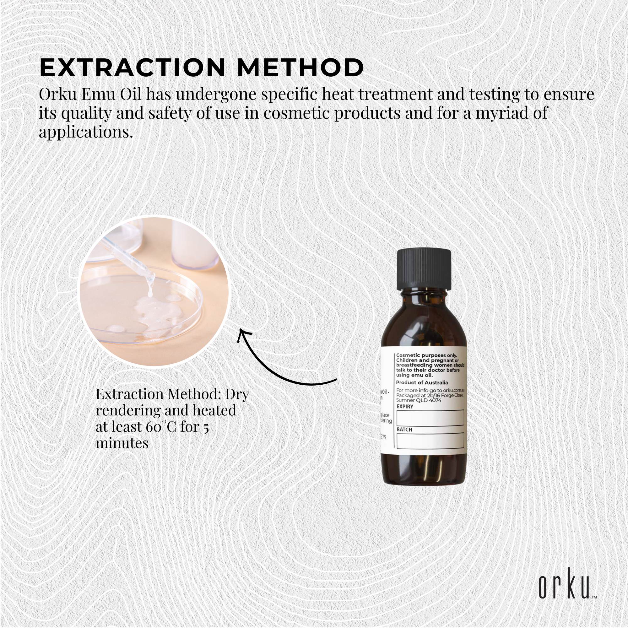 Orku Emnu Oil bottle with text about extraction method on a textured gray background