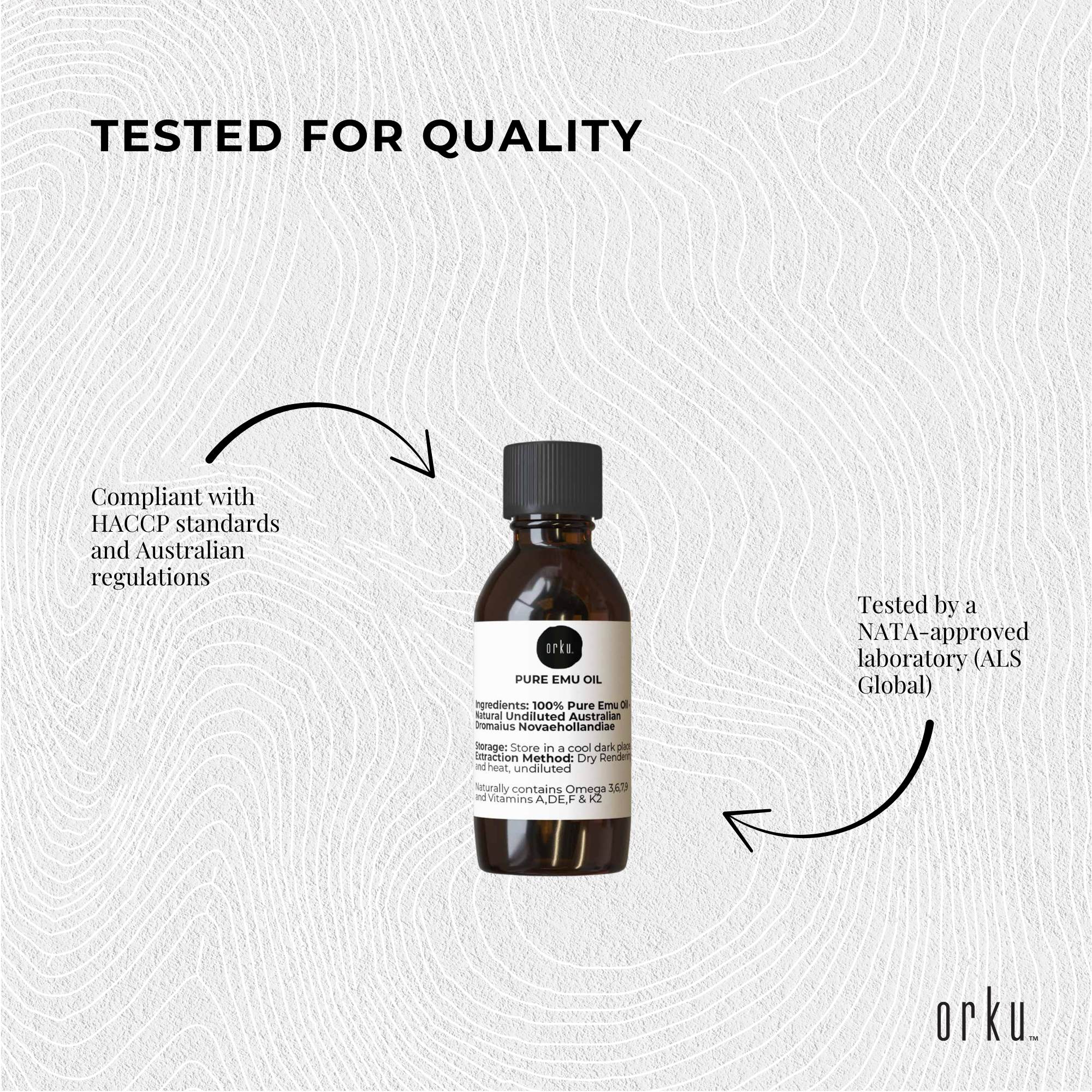 Orku pure emu oil bottle with certification text on a light gray background