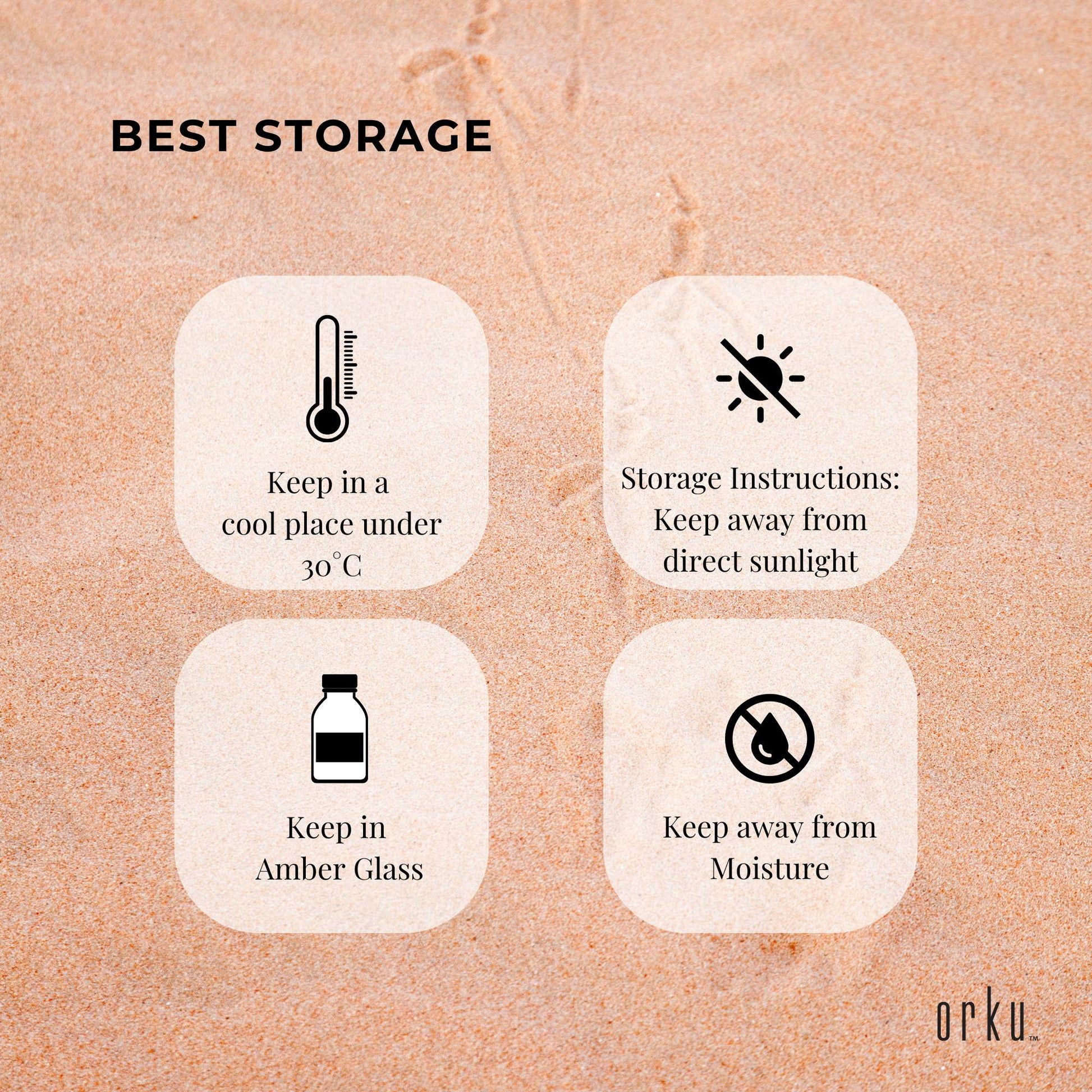 Storage instructions for a product on a textured beige background with 'Orku' branding.