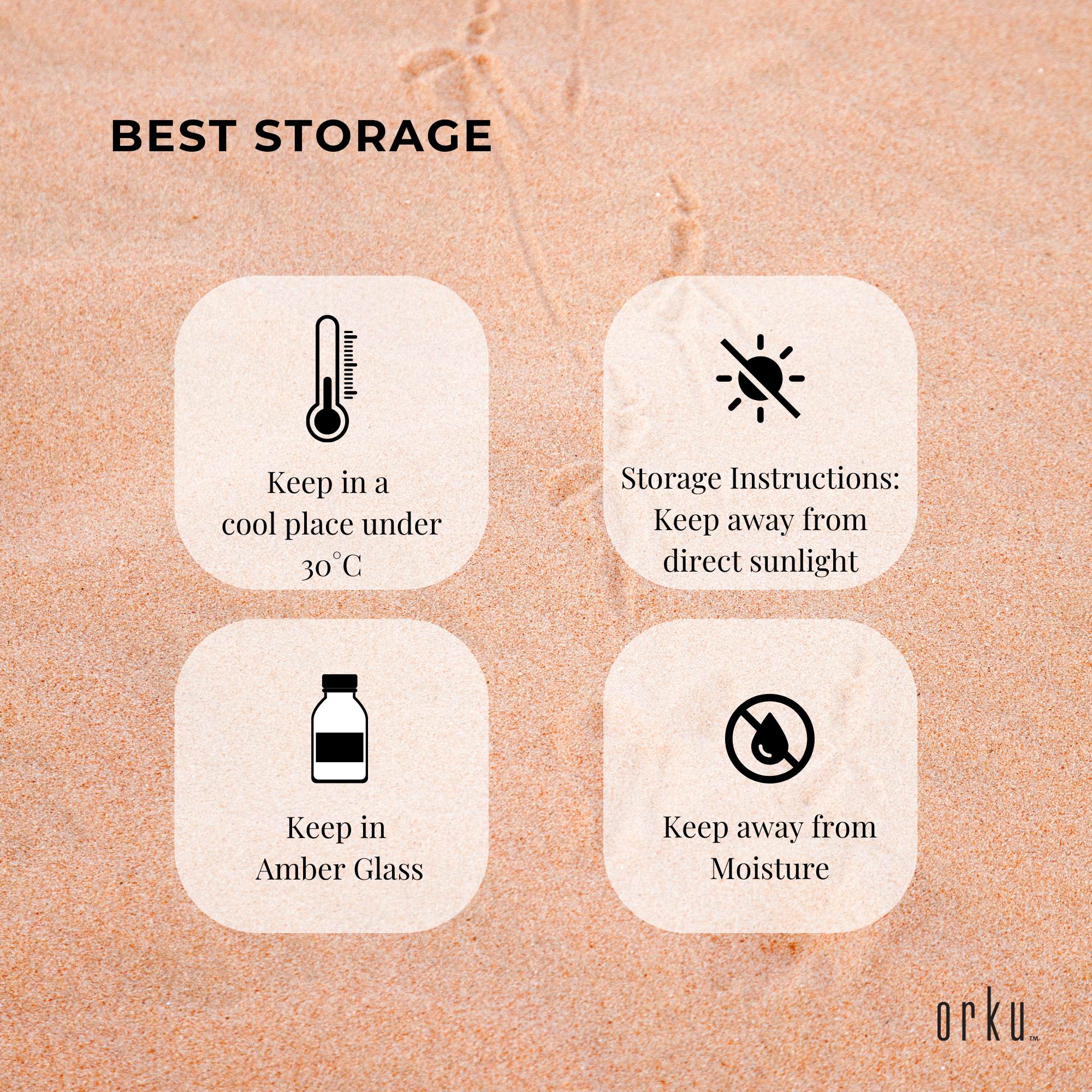 Storage instructions for a product on a textured beige background with 'Orku' branding.