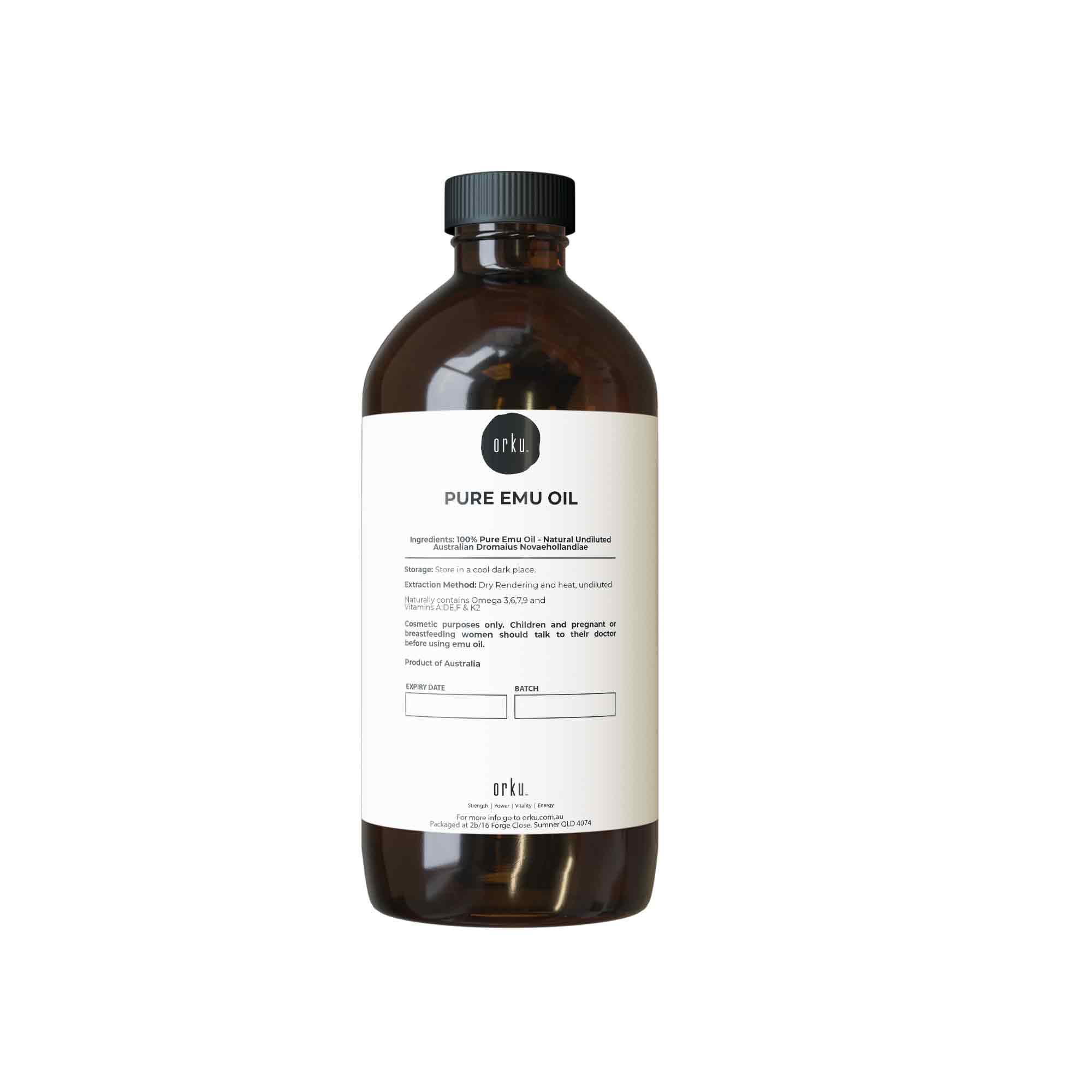 Bottle of pure emu oil with a label on a white background