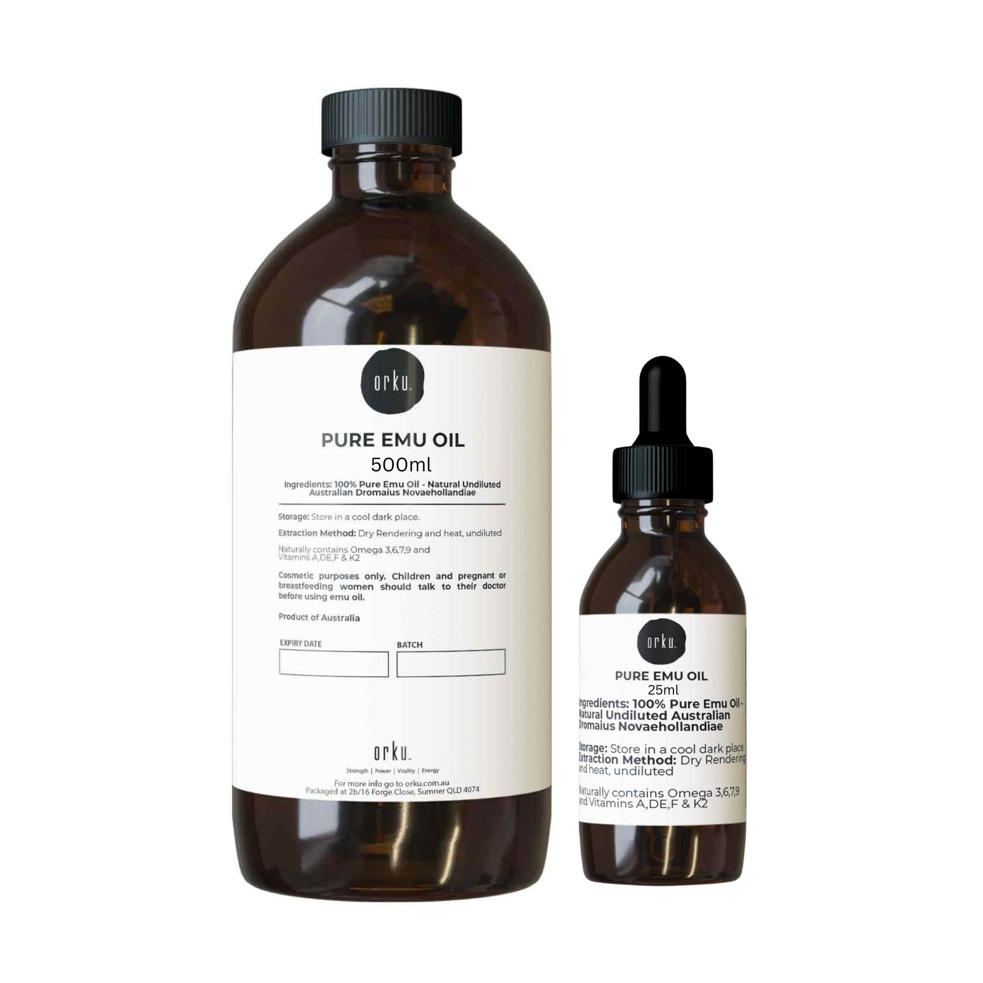 Two bottles of pure emu oil from Arku on a white background