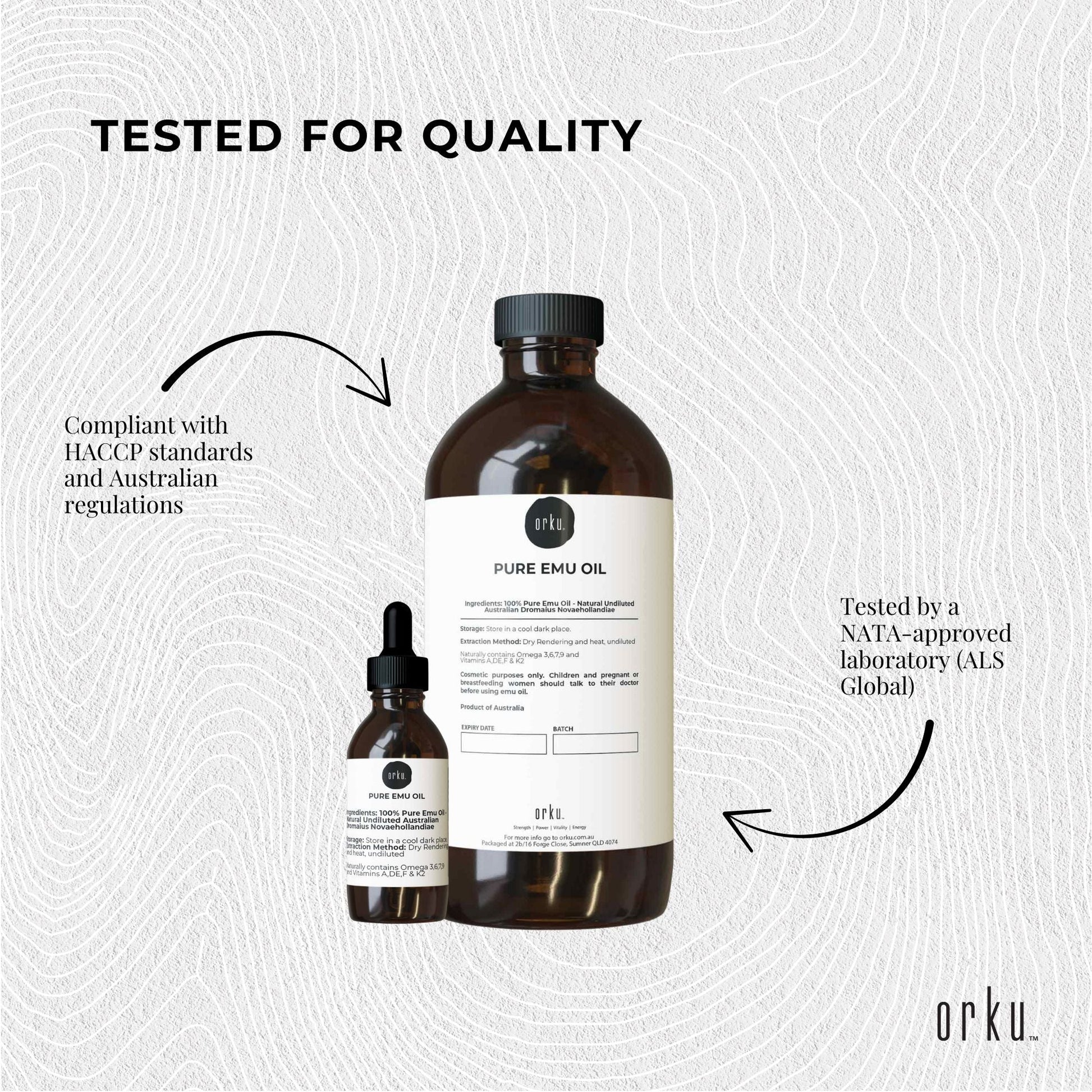 Two bottles of Orku Pure Emu Oil on a textured gray background with text about quality testing.
