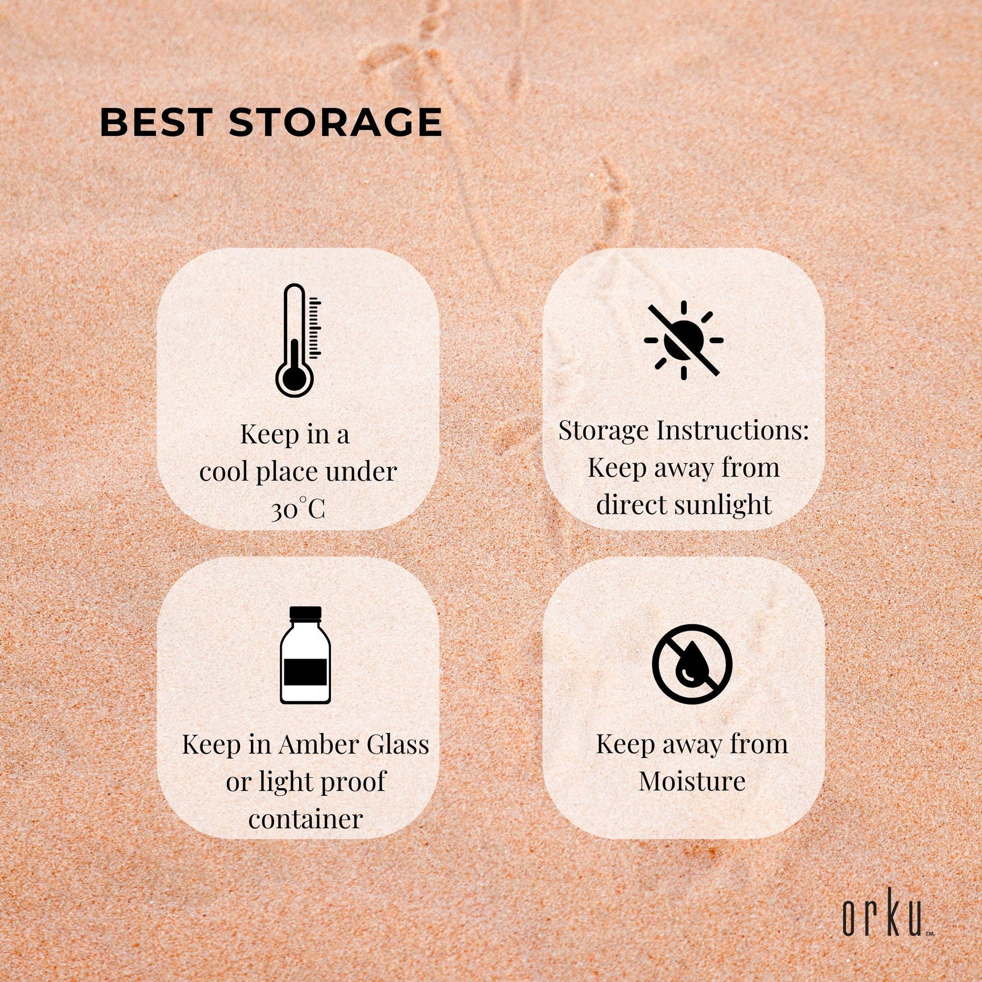 Storage instructions for a product on a textured beige background with 'orku' branding.