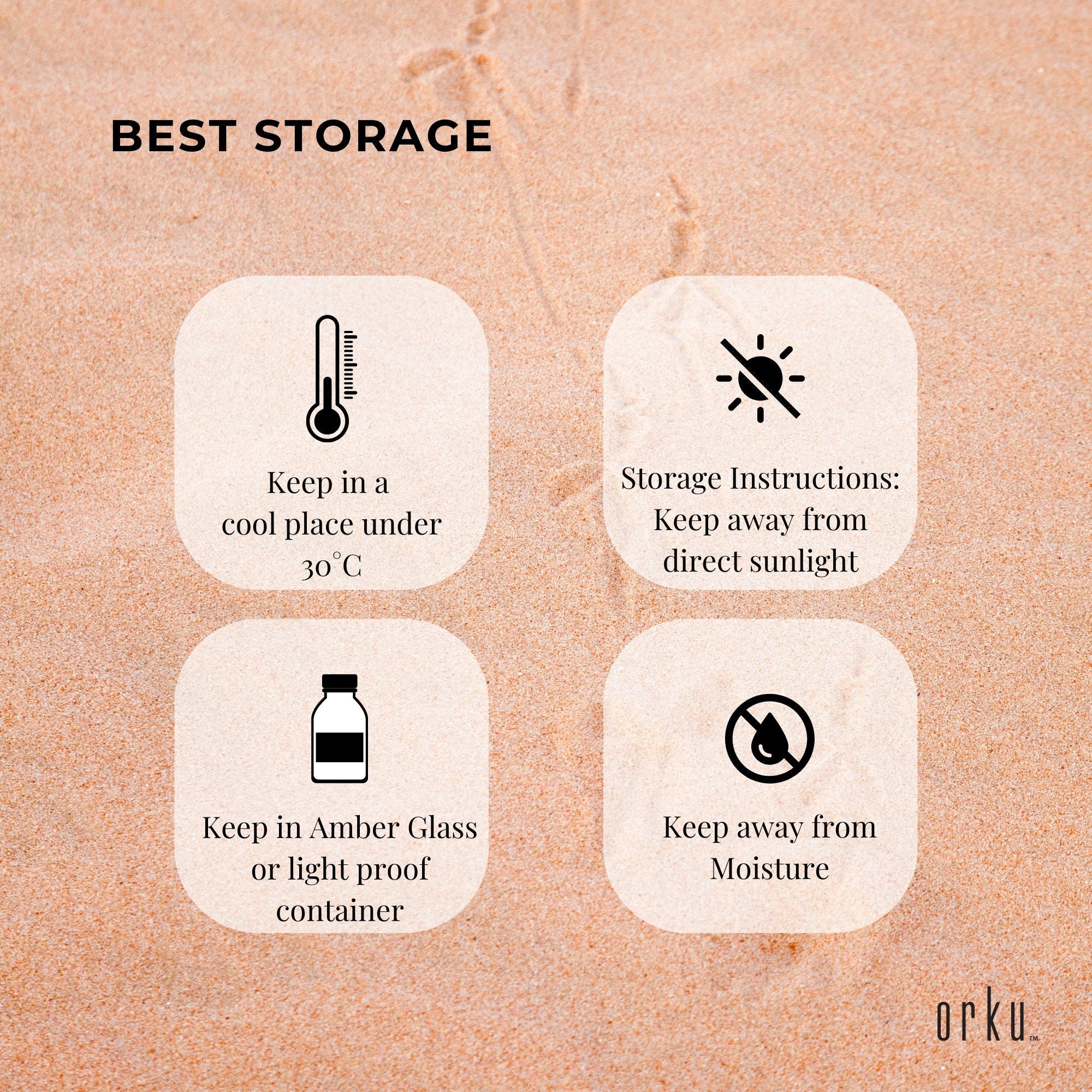 Storage instructions for a product on a textured beige background with 'orku' branding.
